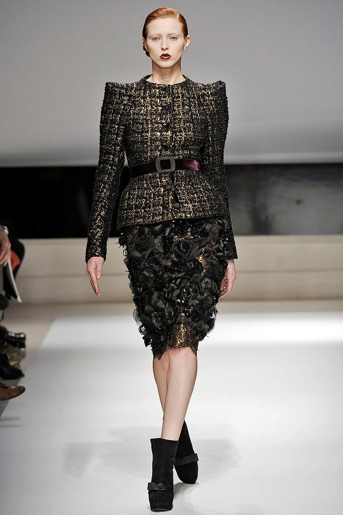 black and gold structured blazer with ruffled skirt