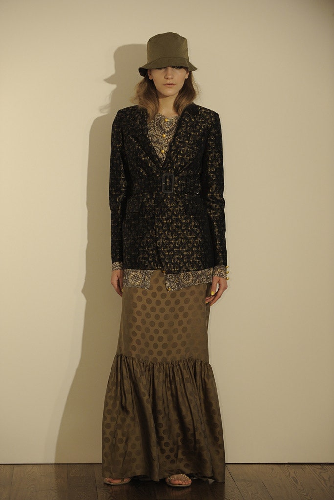 brown silk fitted flared polka-dot maxi skirt