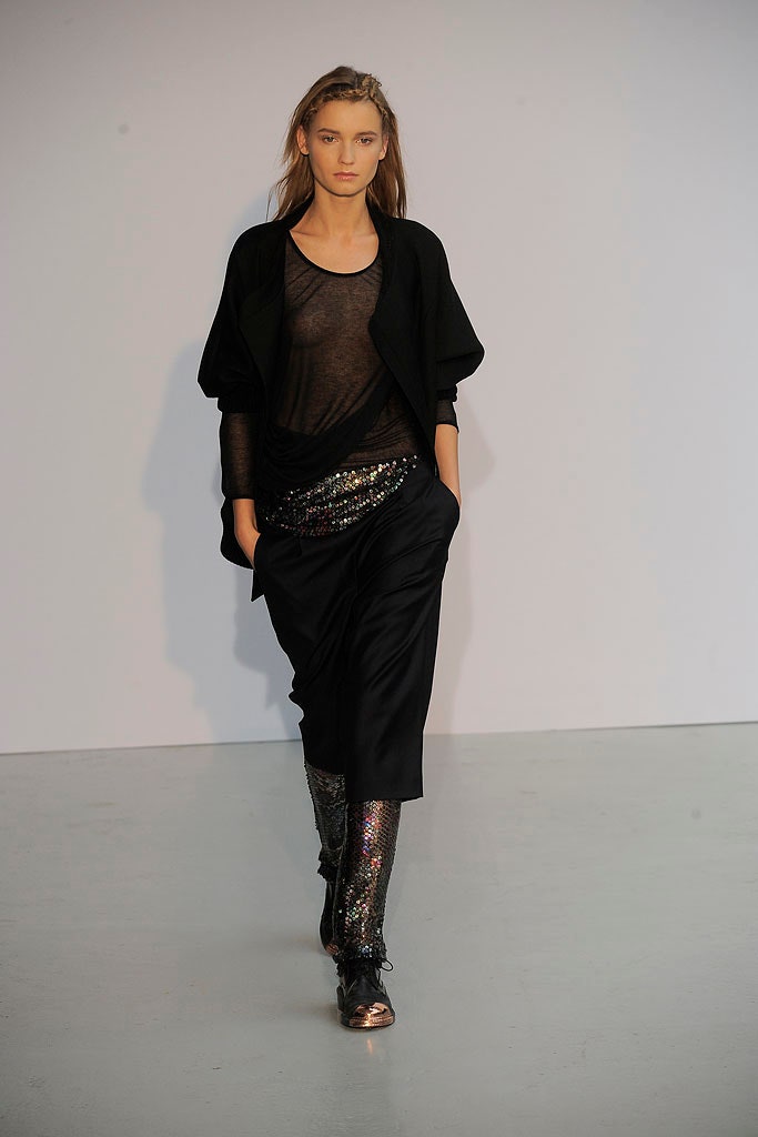 black silk sheer top and midi skirt