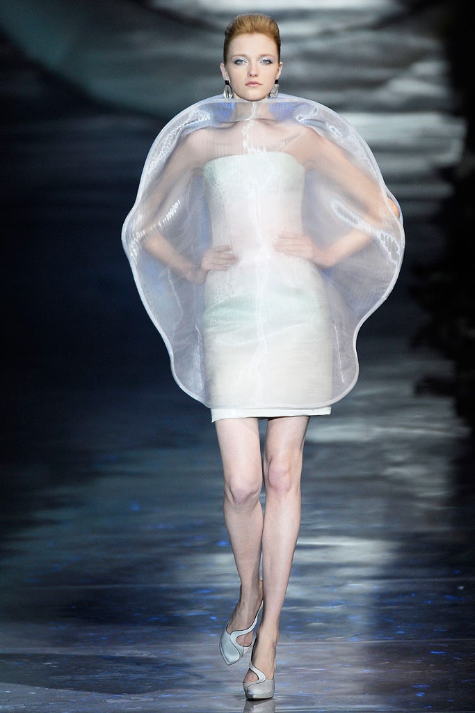 white silk sleeveless high-neck fitted structured sheer dress