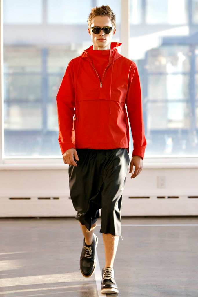 red relaxed jacket with black pants