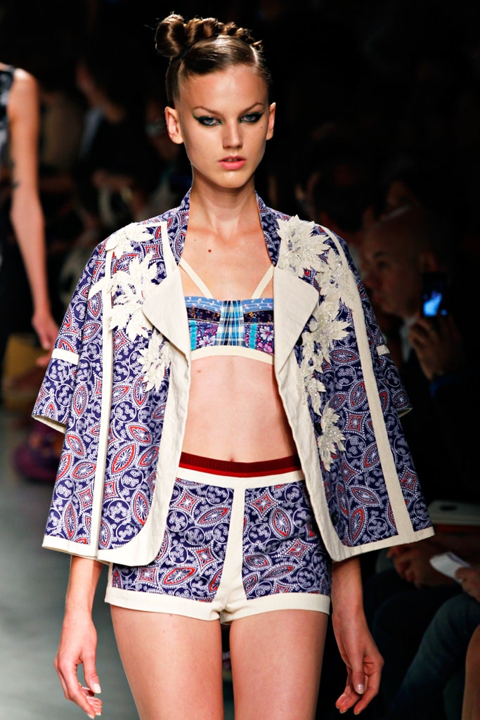 blue and white printed cape with bikini