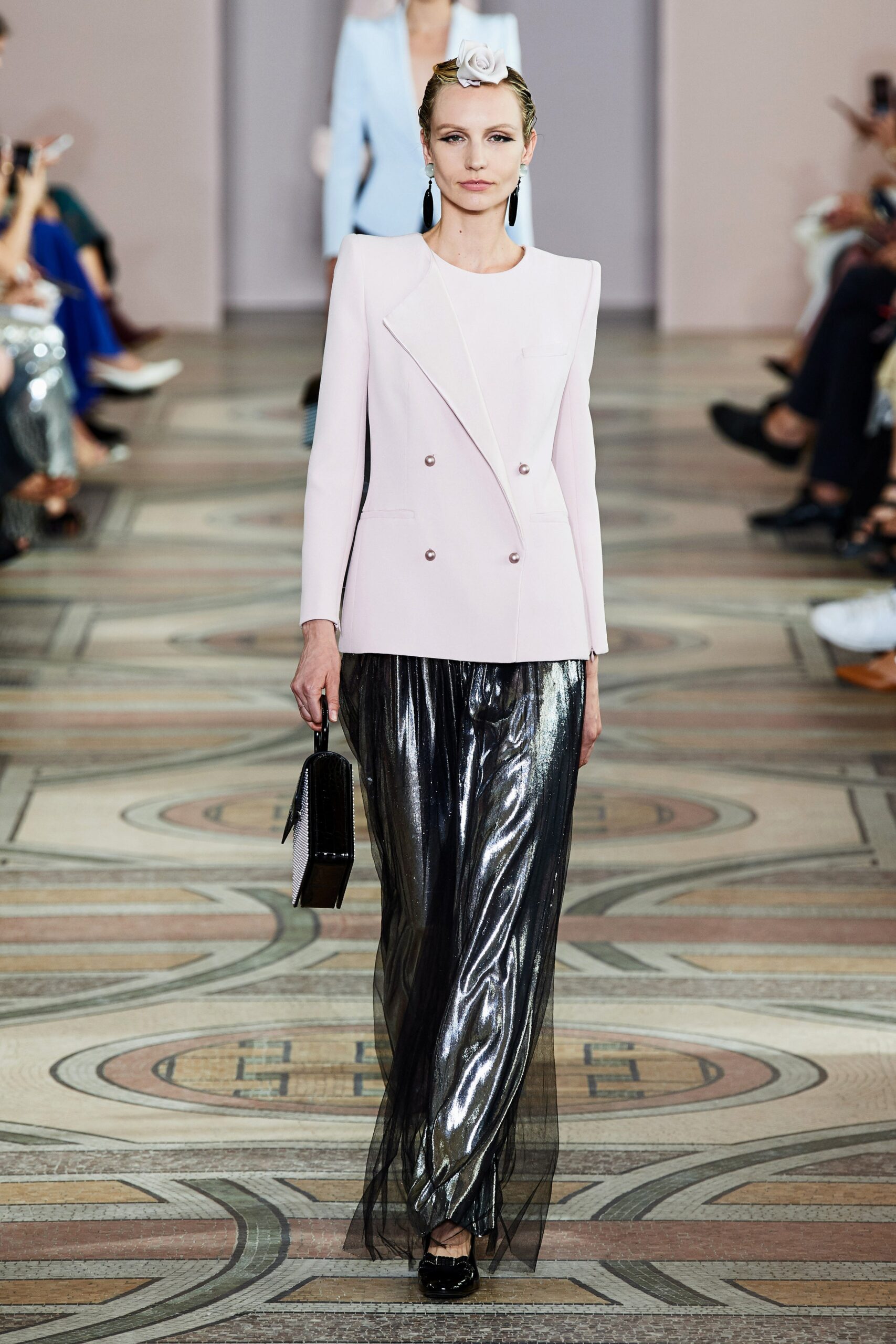 black silk fitted flared shiny pants
