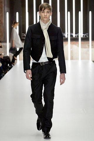 black tailored jacket with white scarf