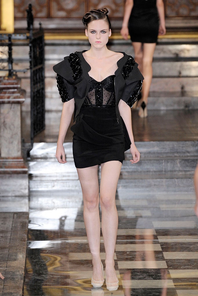 black mini dress with structured jacket