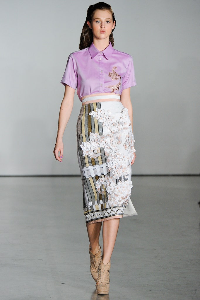 purple silk collared top and white pleated skirt