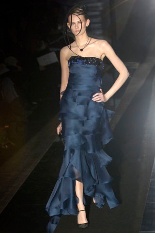blue silk strapless gown