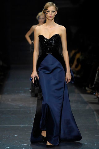 black and blue strapless gown