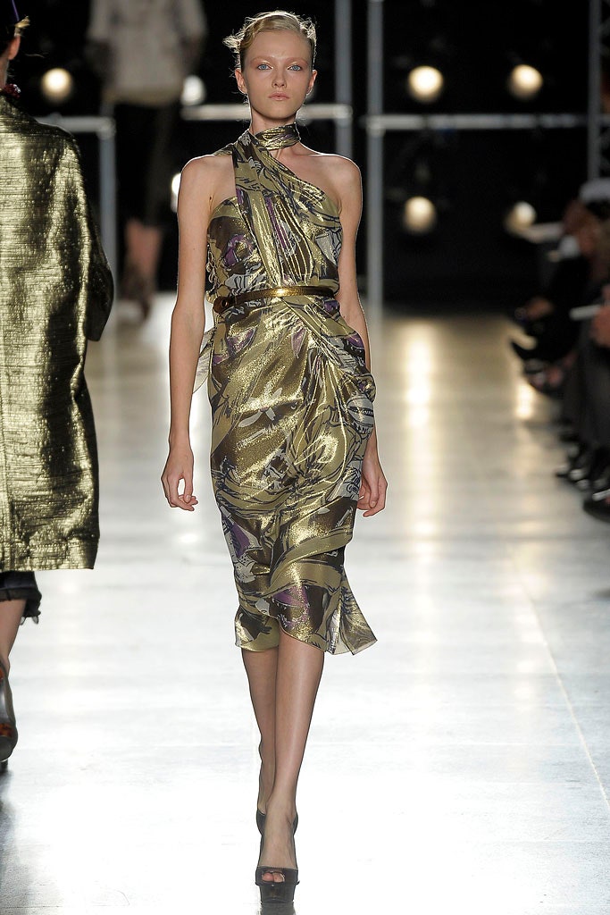 gold and purple draped halterneck dress