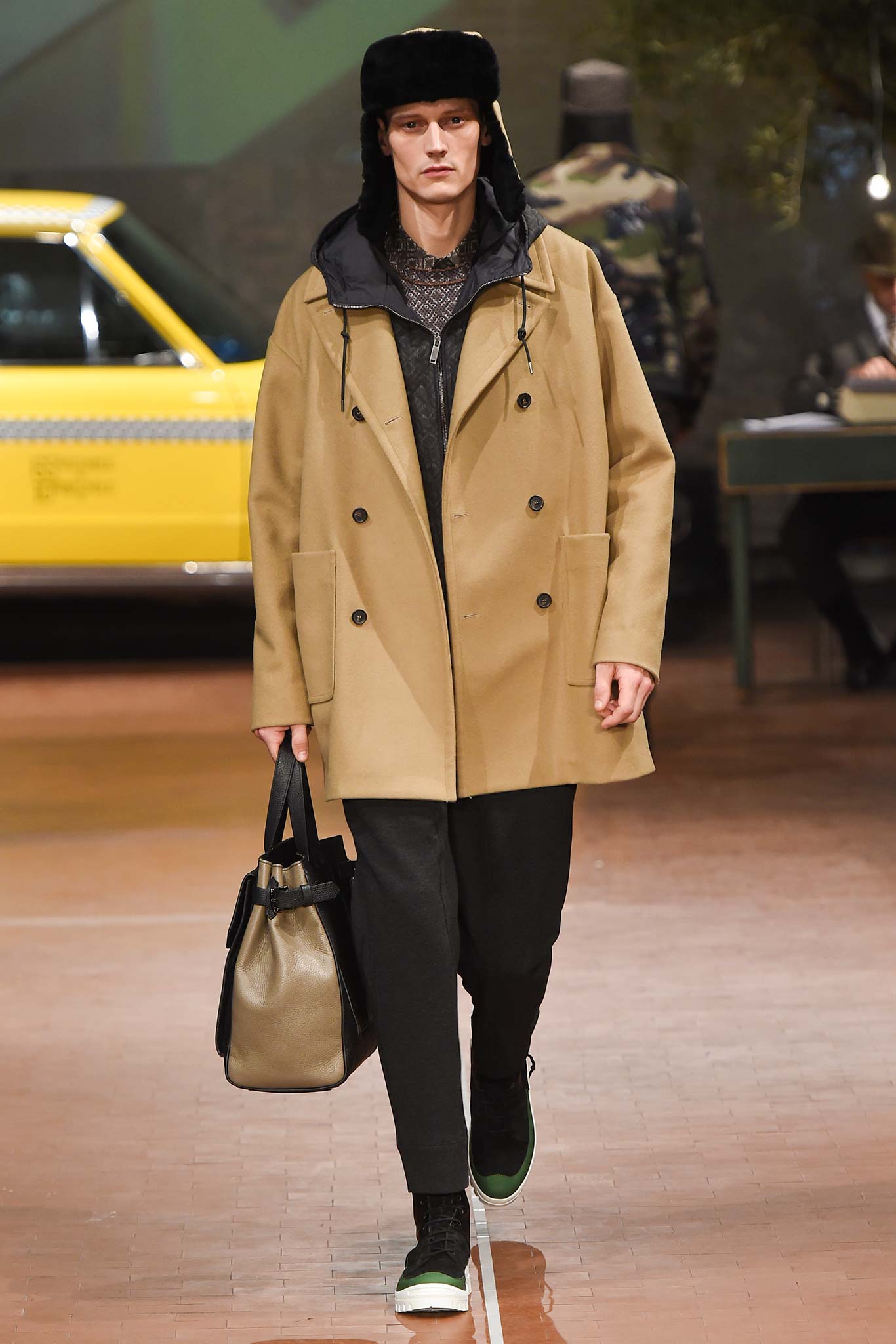 beige wool coat with black pants