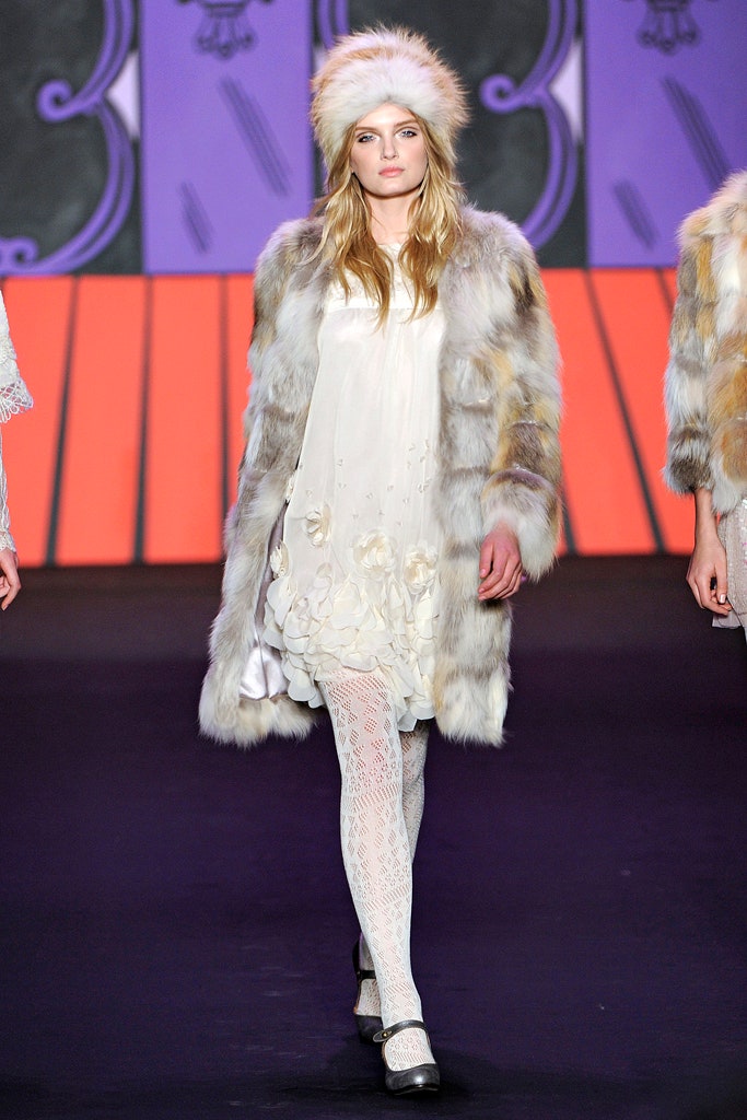 white silk mini dress with faux-fur coat