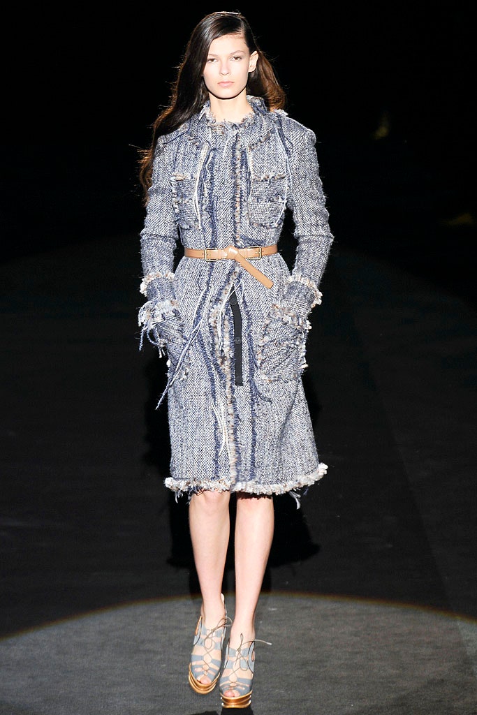 blue tweed long-sleeve collared fitted belted fringed coat