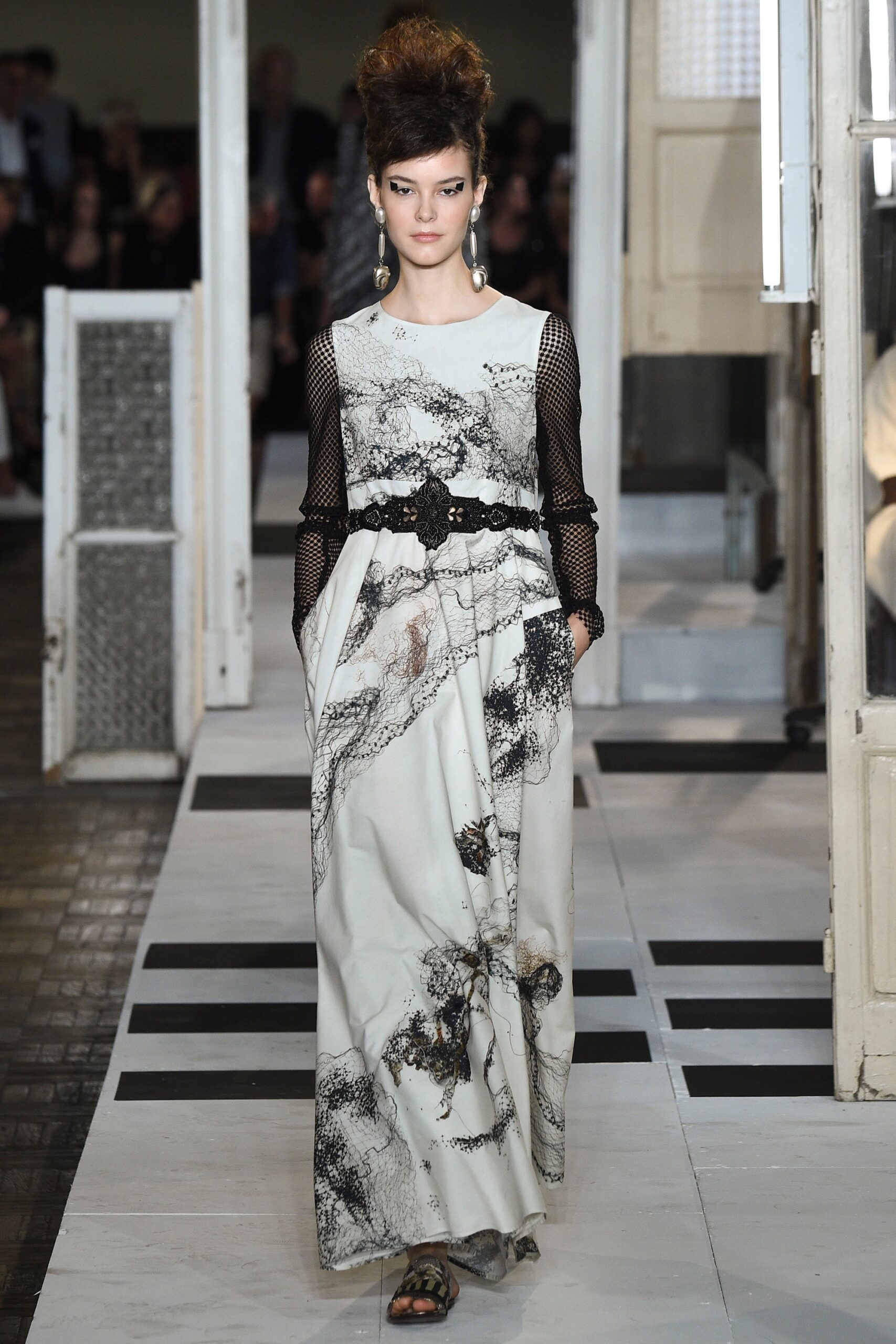 white and black printed maxi dress