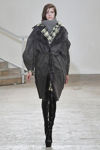 gray faux-fur coat with checked shirt