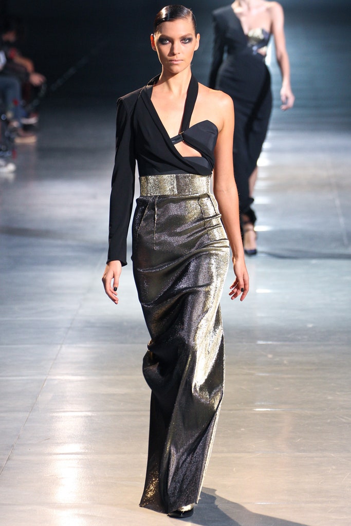black and gold asymmetric gown