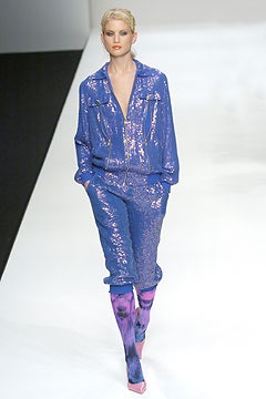 blue sequin jumpsuit with purple socks