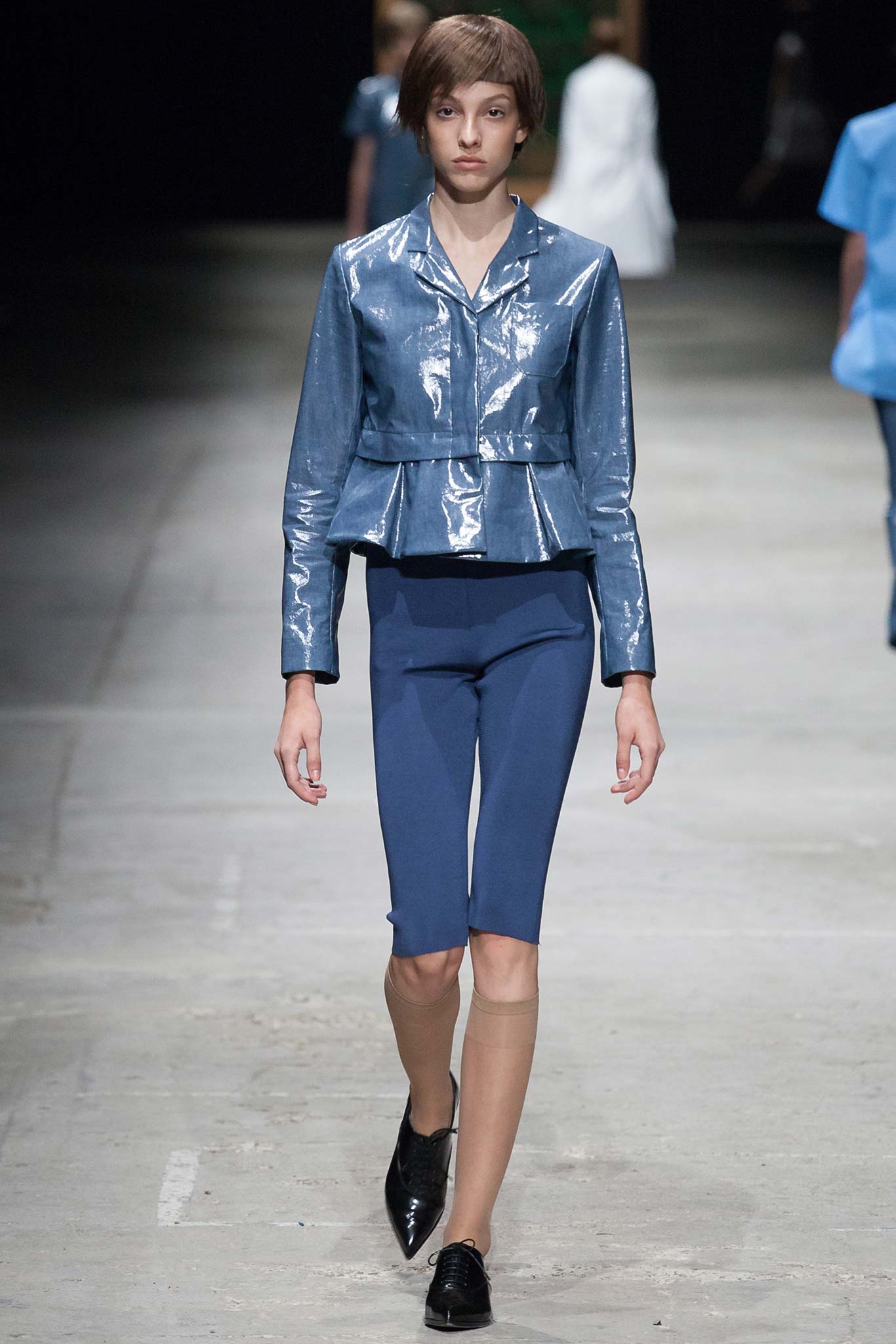 blue vinyl long-sleeve collared fitted zippered shiny jacket