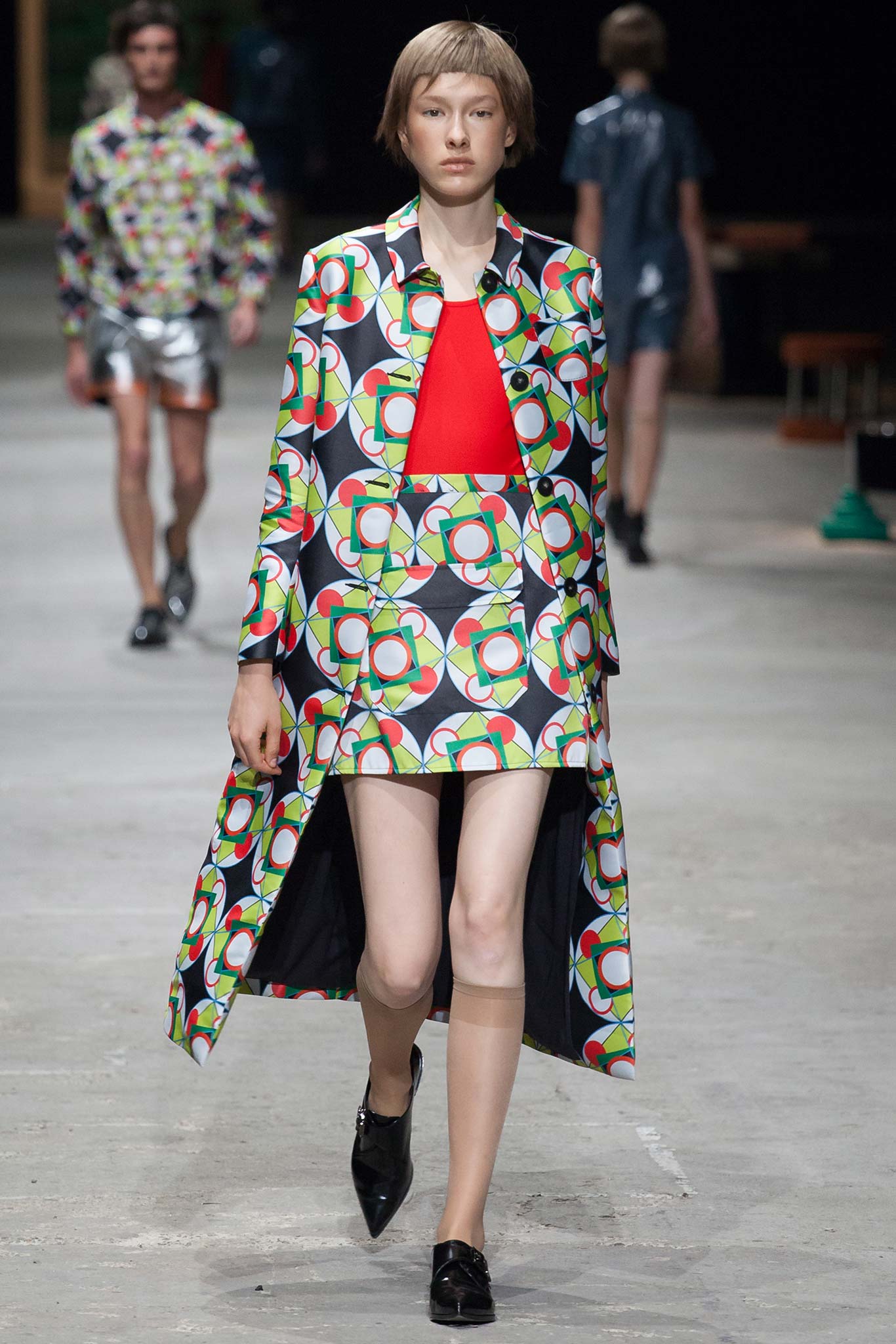 black long-sleeve collared fitted printed buttoned coat