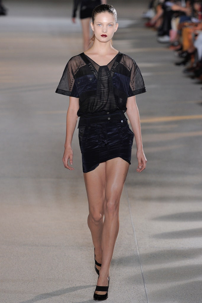 black silk fitted top and mini skirt