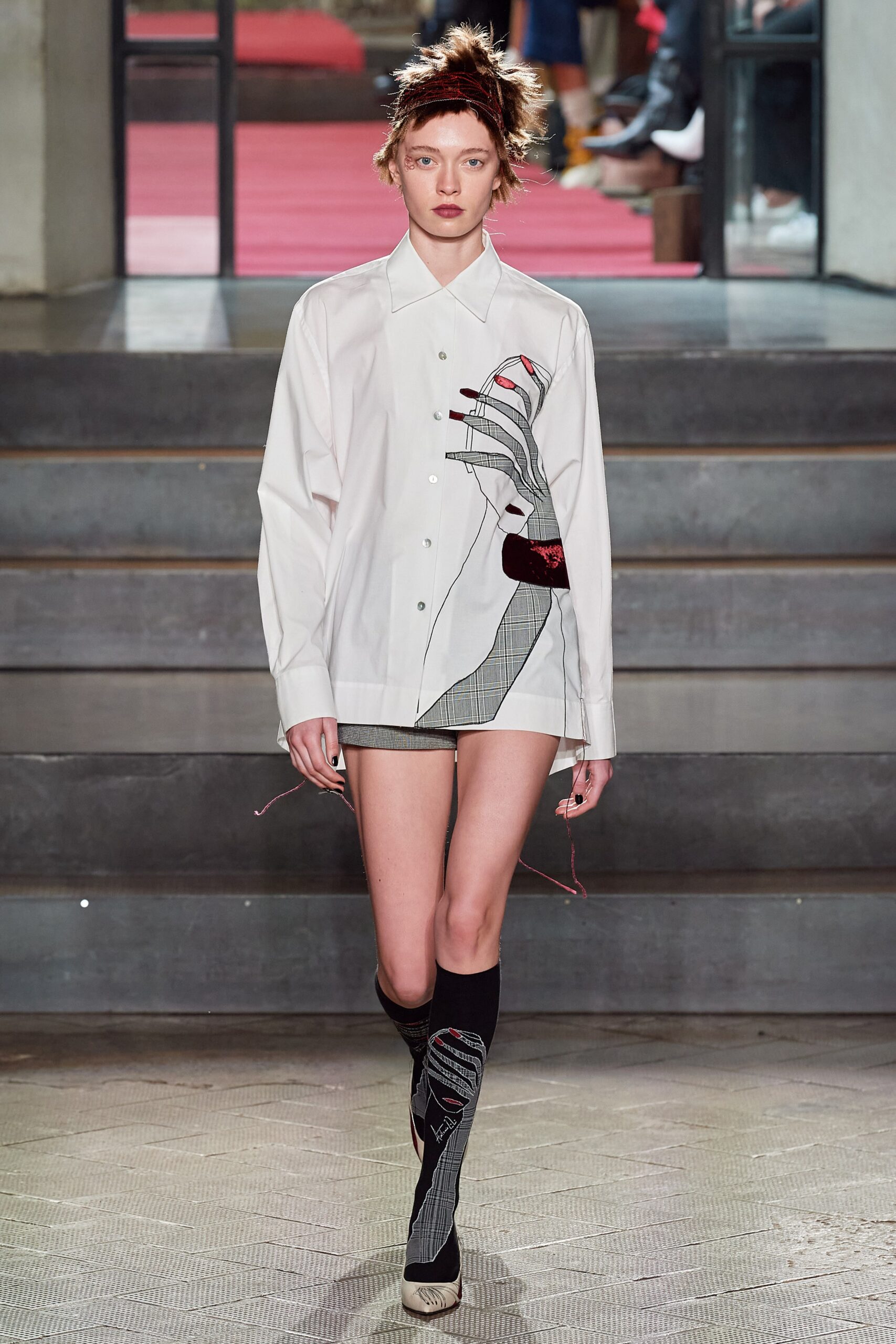 white cotton long-sleeve collared relaxed printed short shirt