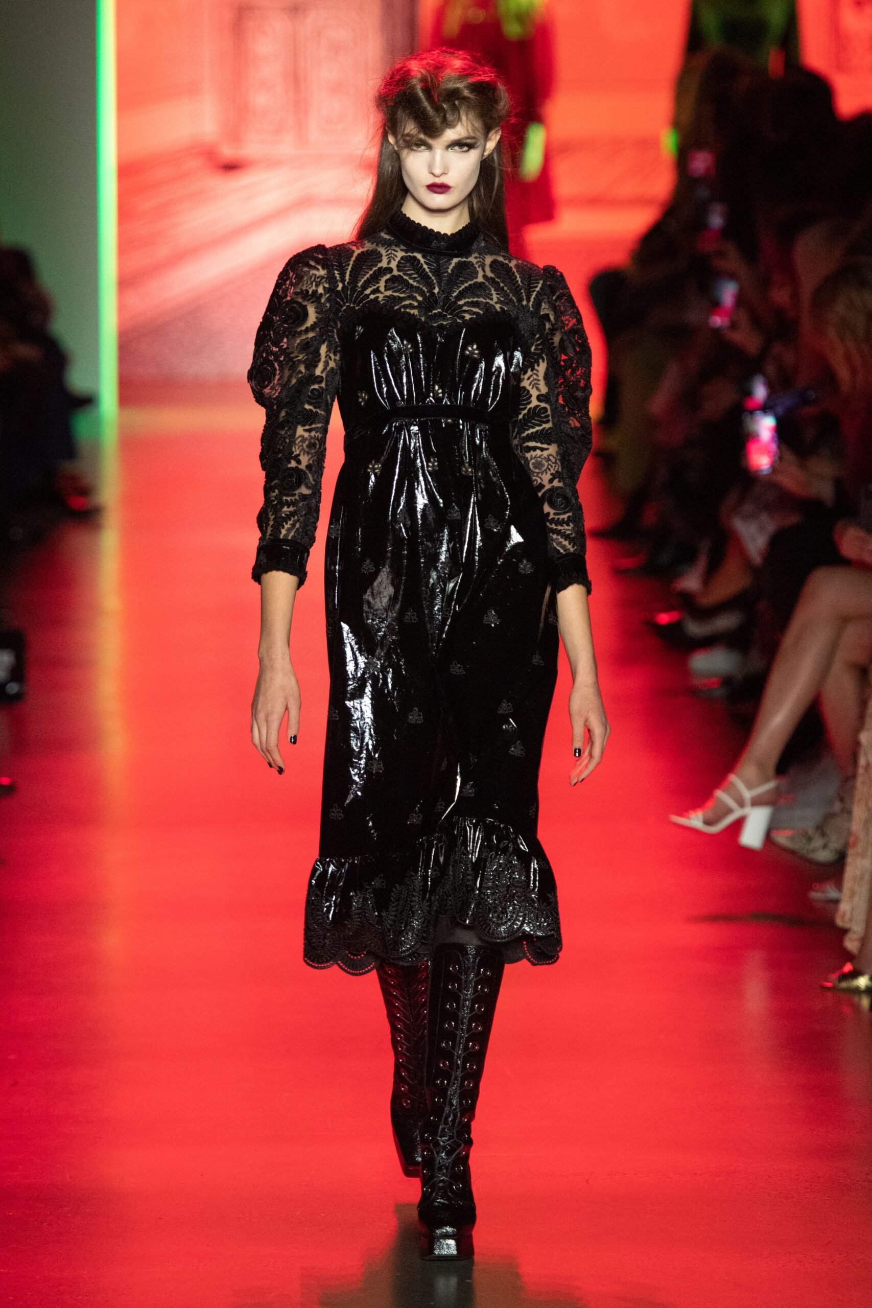 black silk long-sleeve high-neck fitted pencil ruffled dress