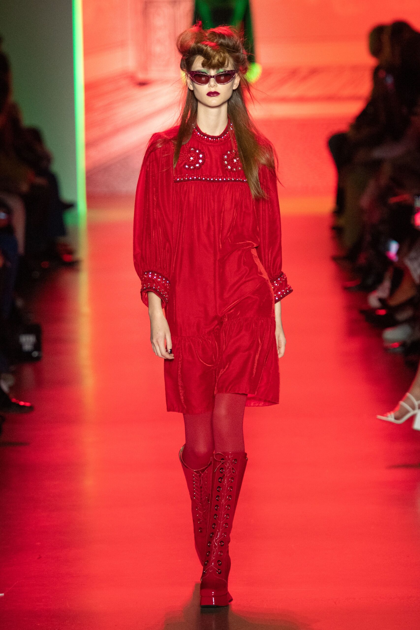 red silk long-sleeve collared relaxed pleated embroidered dress