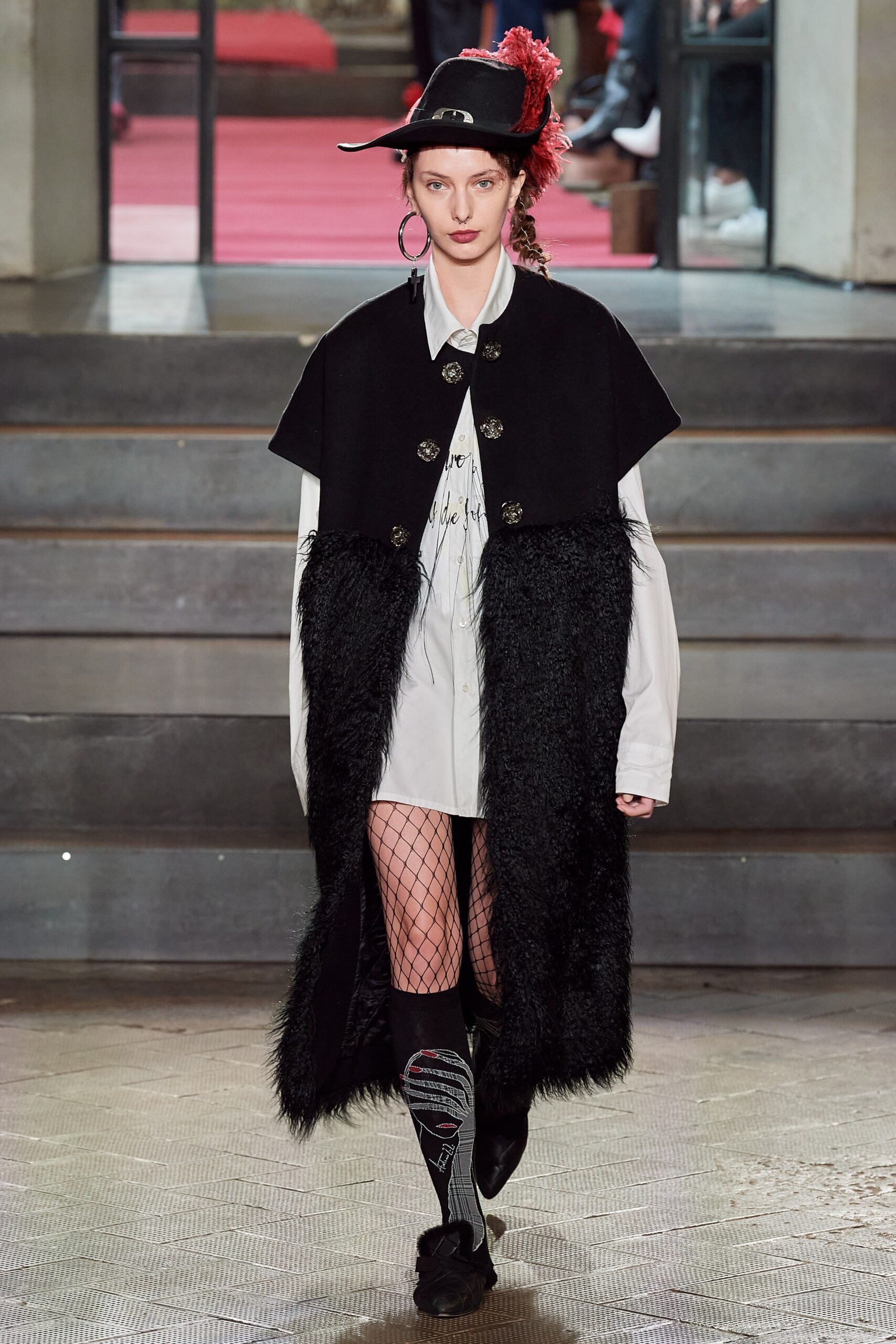 black faux-fur coat with white shirt