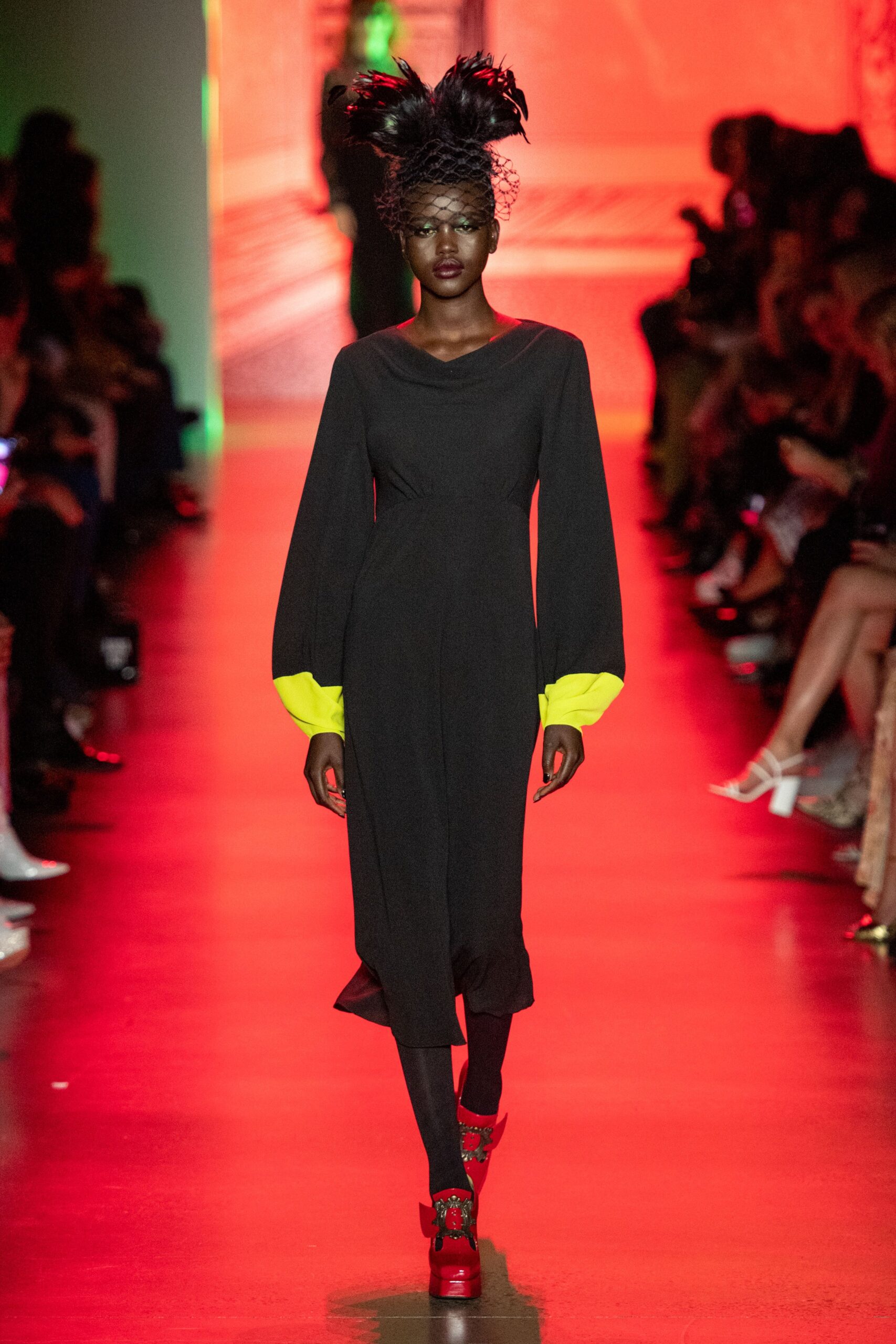 black midi dress with yellow accents
