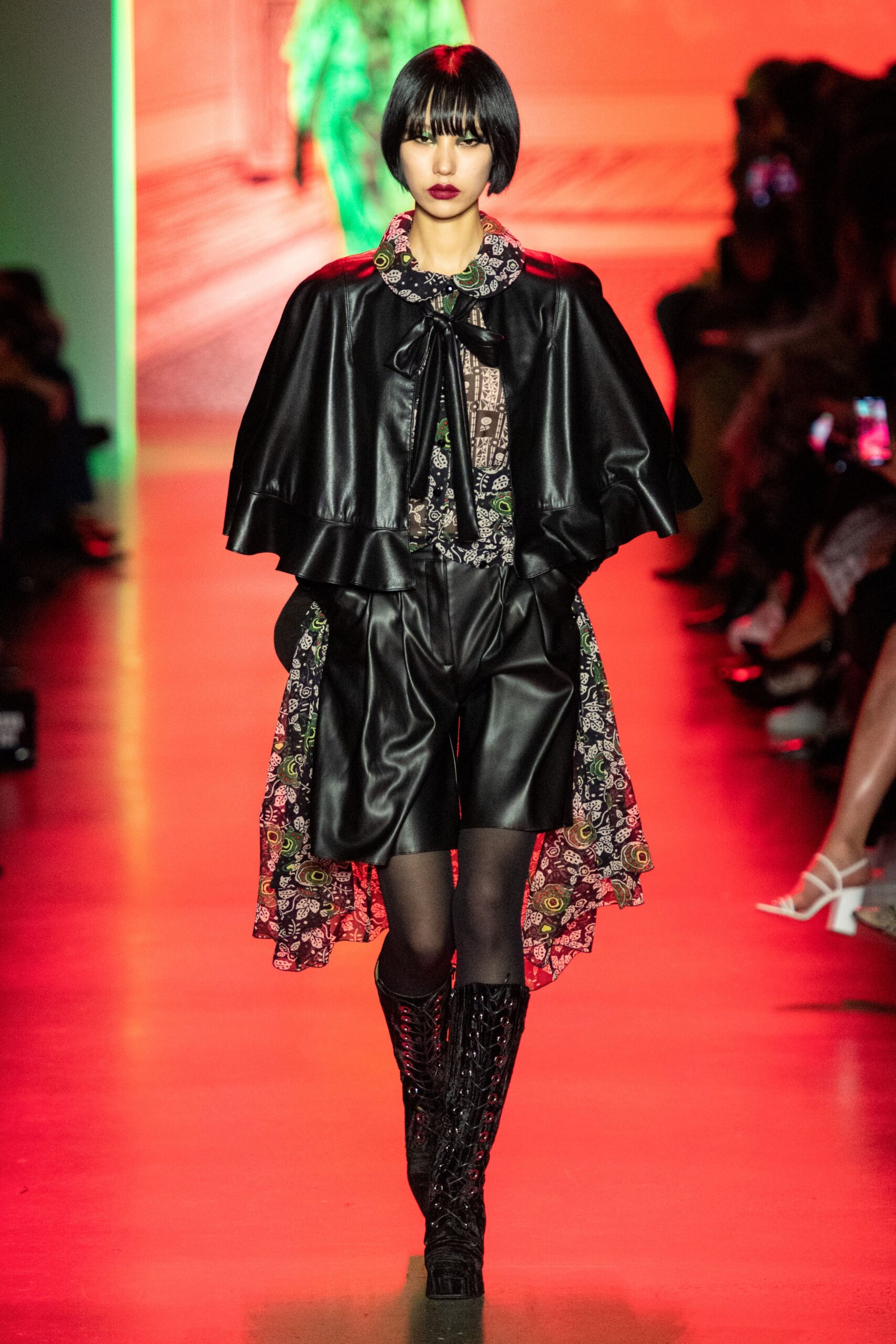 black leather long-sleeve collared structured draped cape