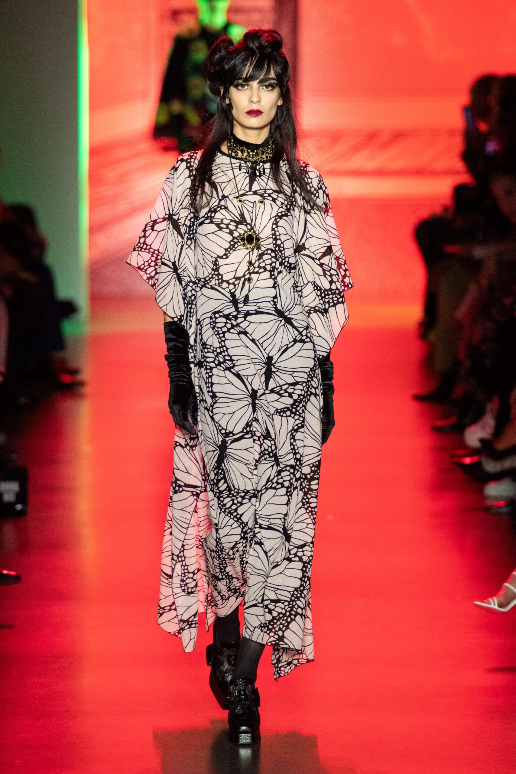 white and black printed maxi dress with gloves