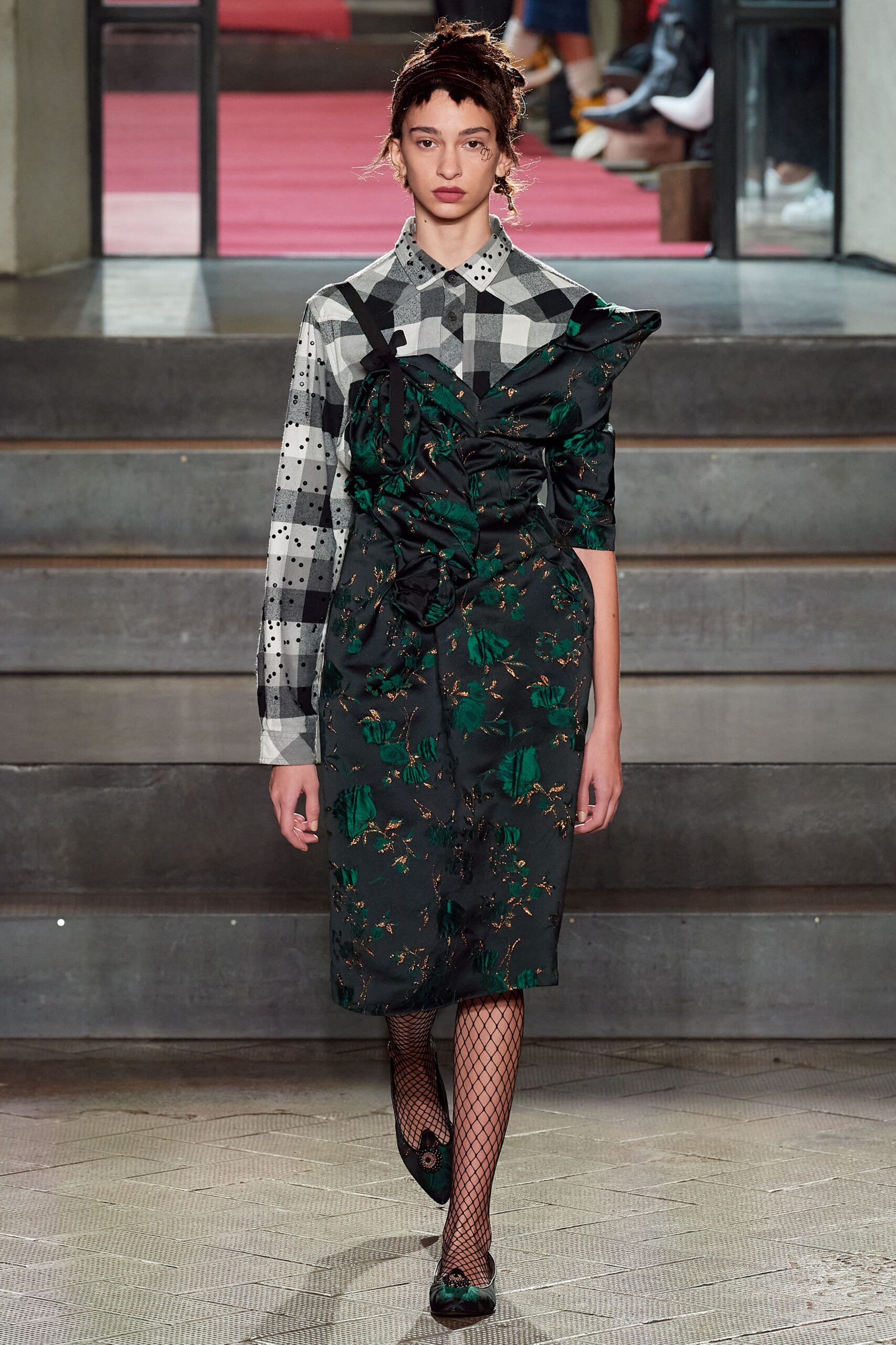black floral midi dress with checked shirt