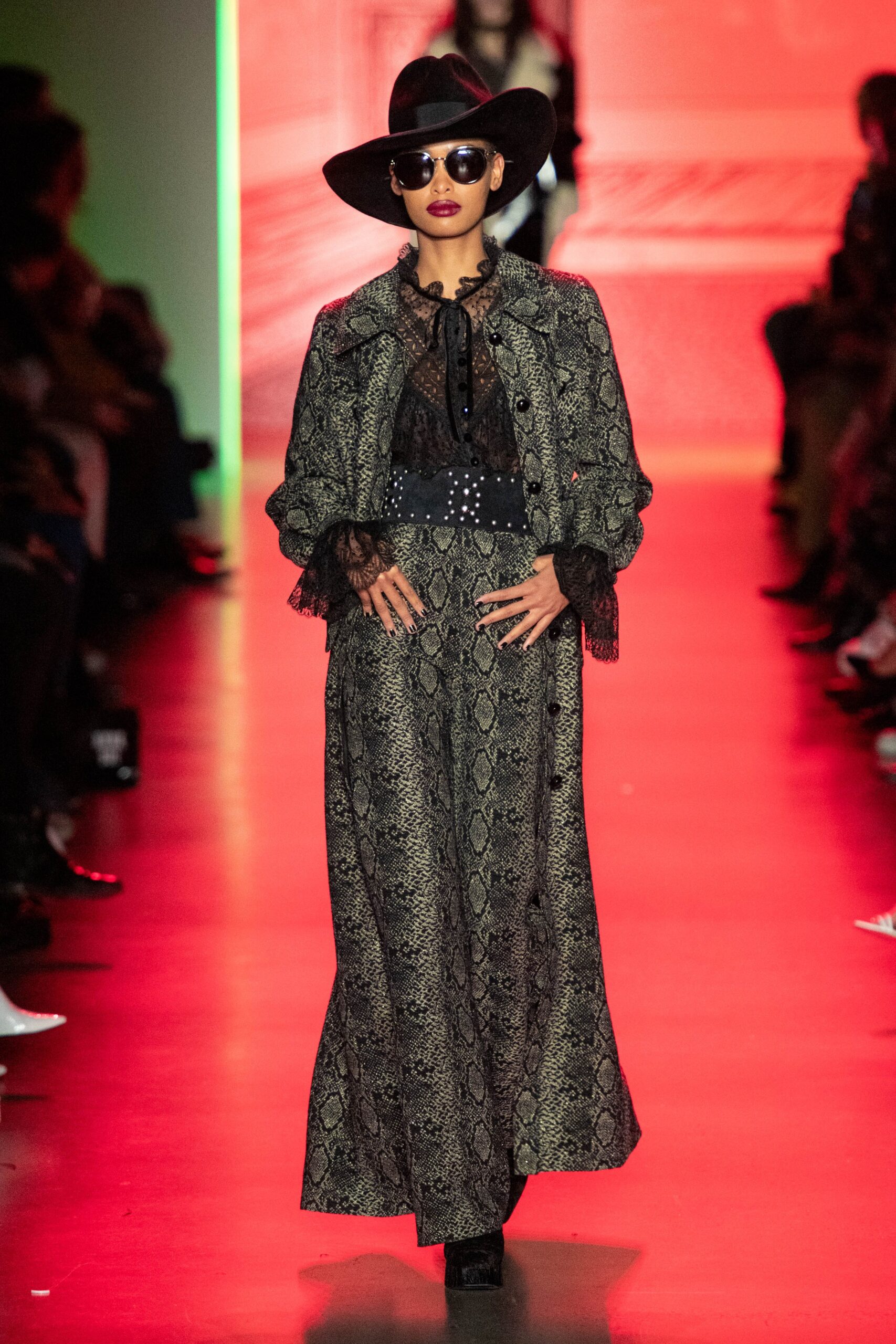 black silk long-sleeve collared fitted printed maxi coat