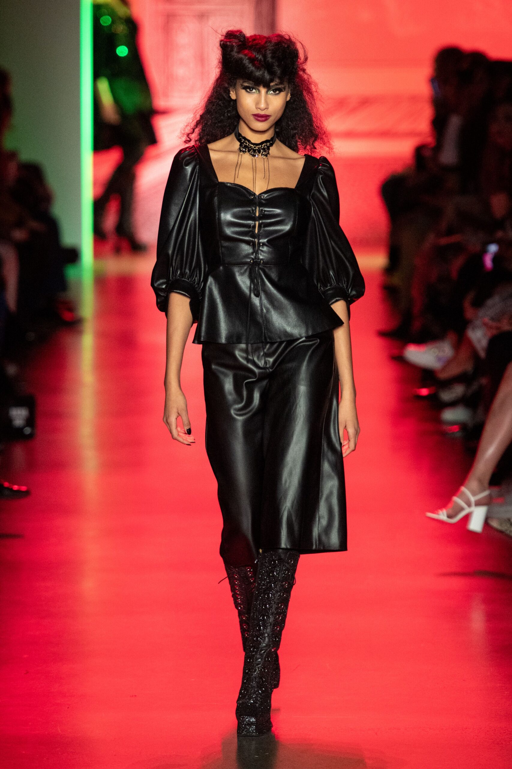 black leather fitted top and midi skirt