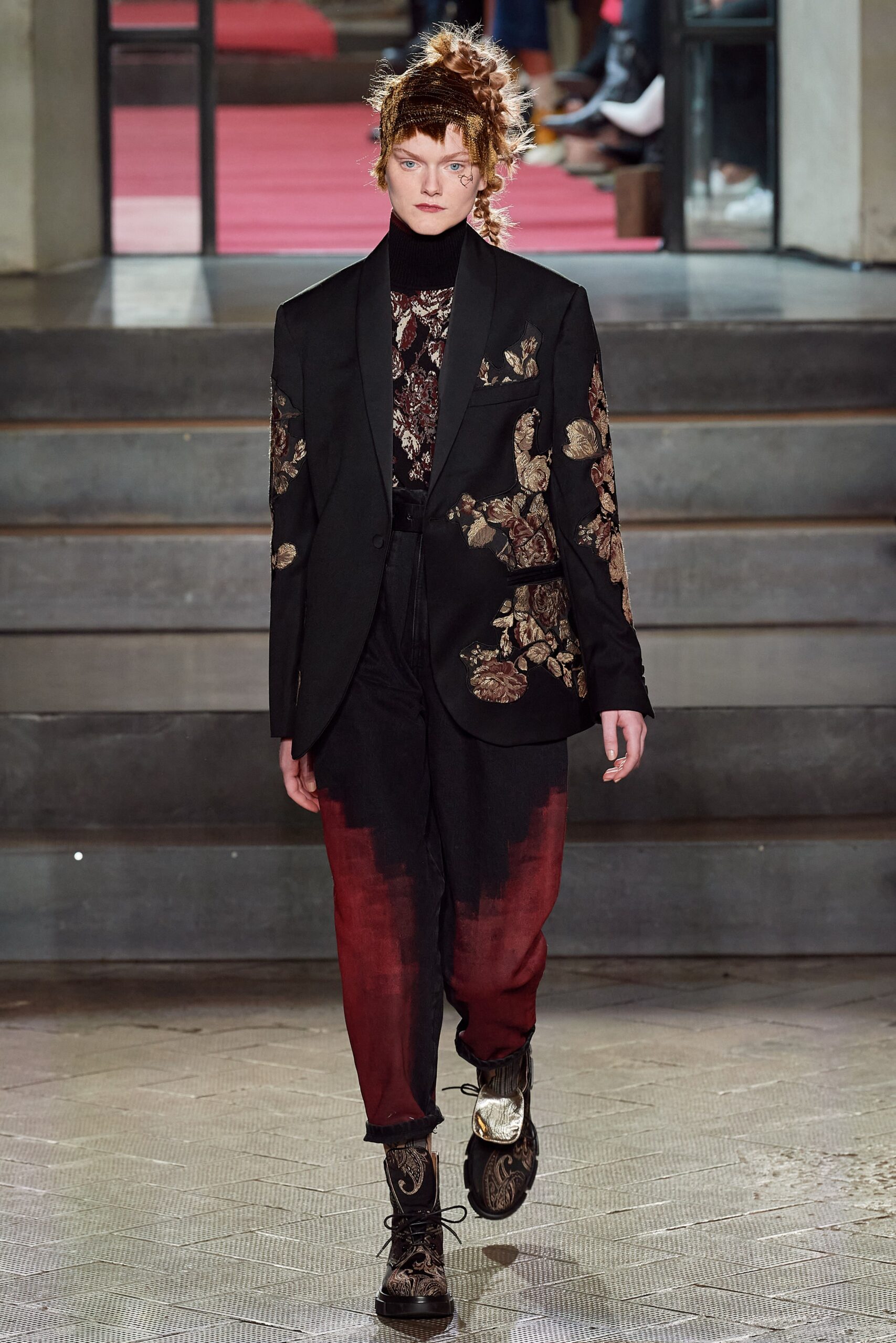 black embroidered blazer with flared pants