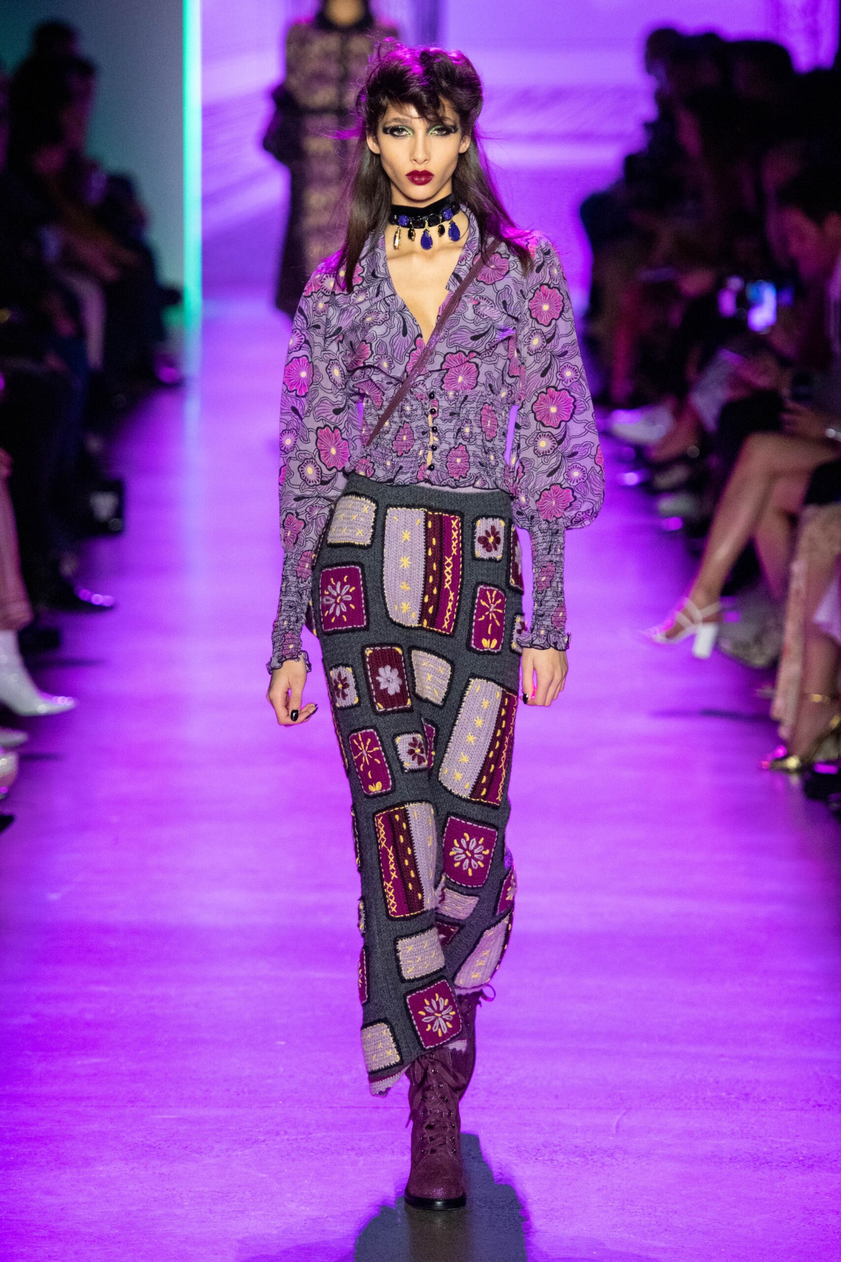 embroidered purple blouse with patchwork skirt
