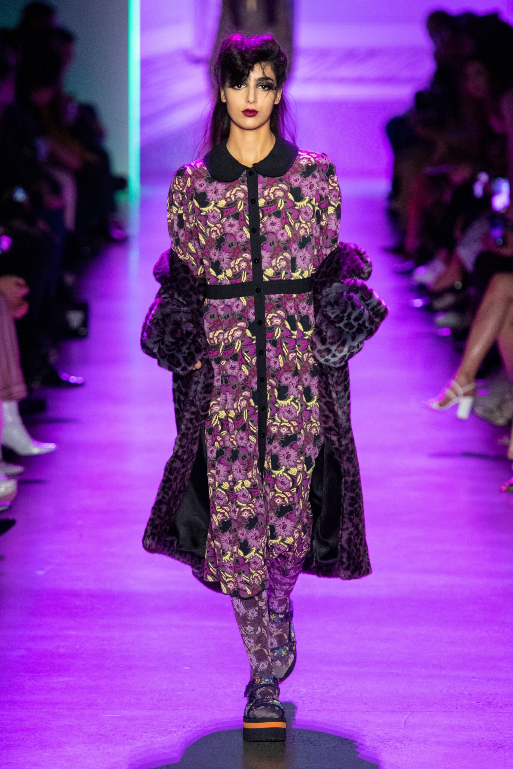 purple floral coat with flared pants