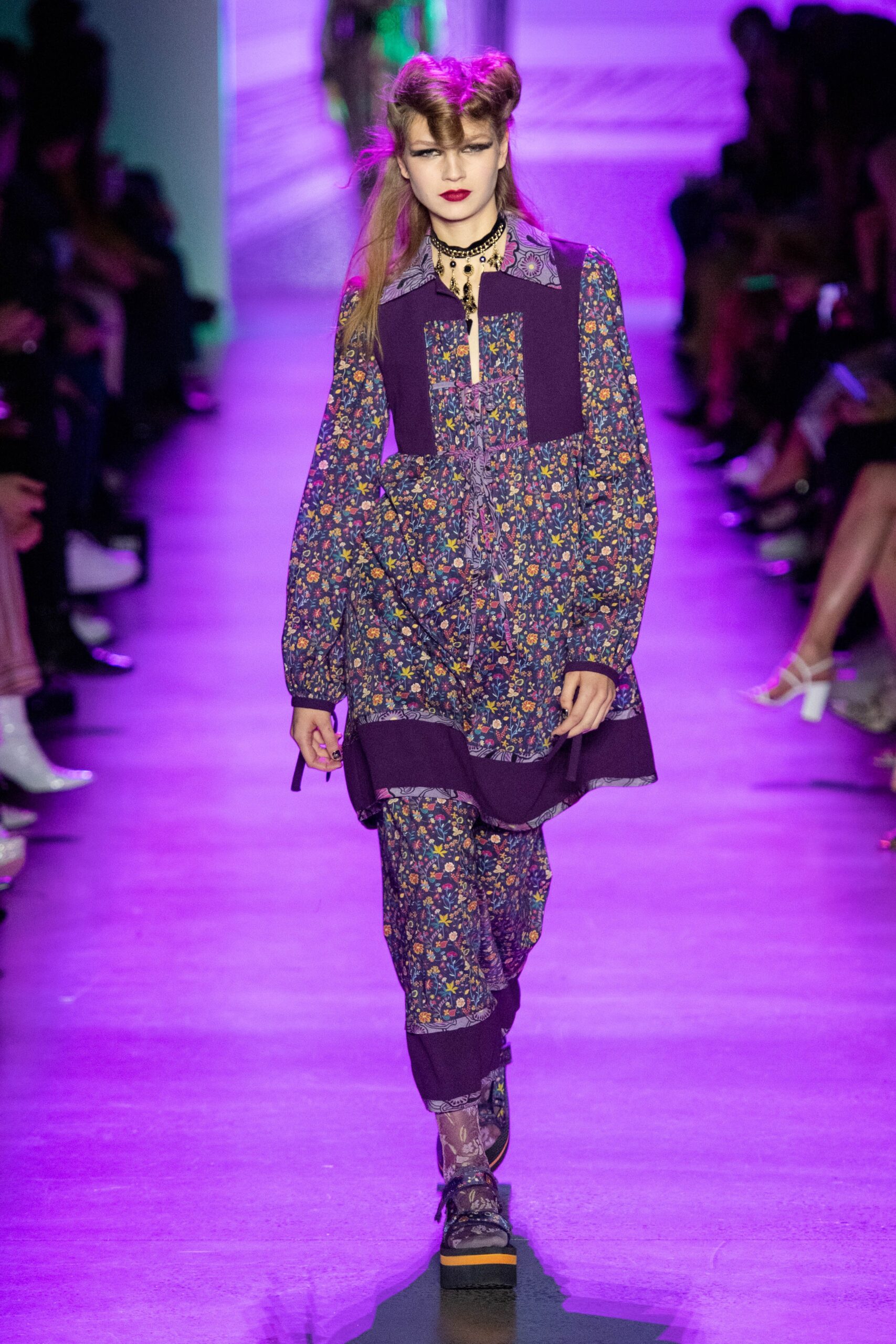 purple floral midi dress with relaxed pants