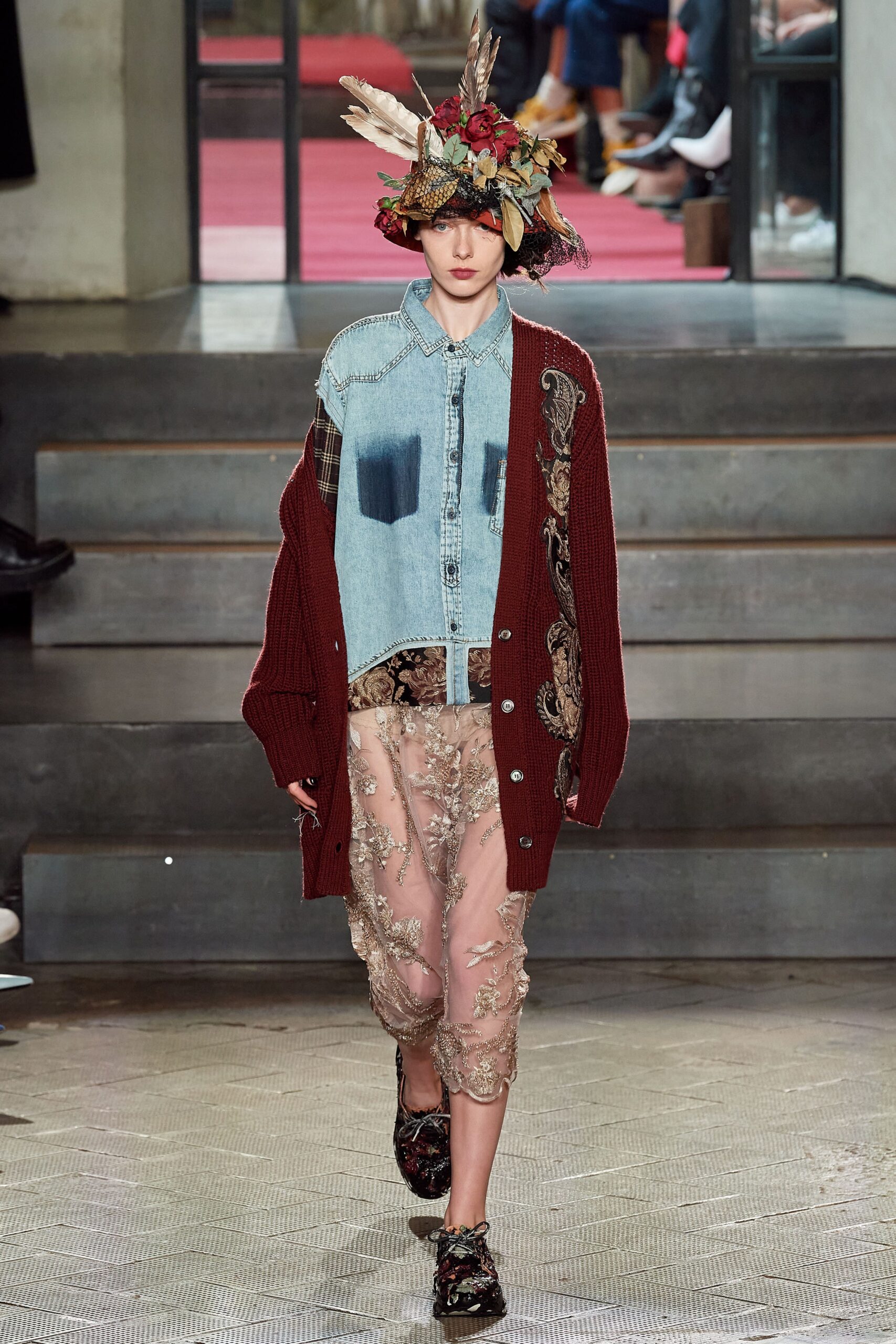 blue denim shirt with red cardigan