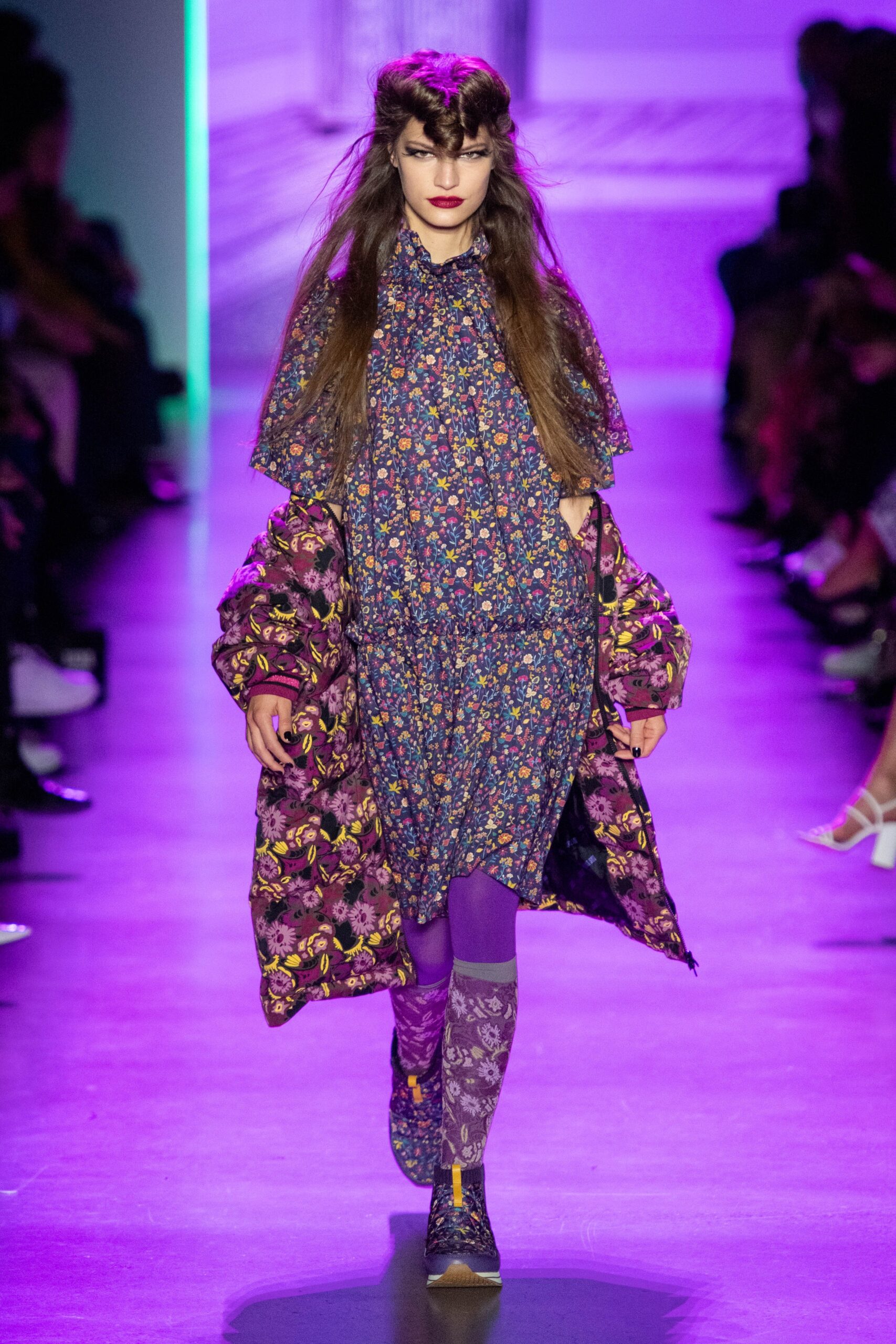 purple floral midi dress with oversized coat
