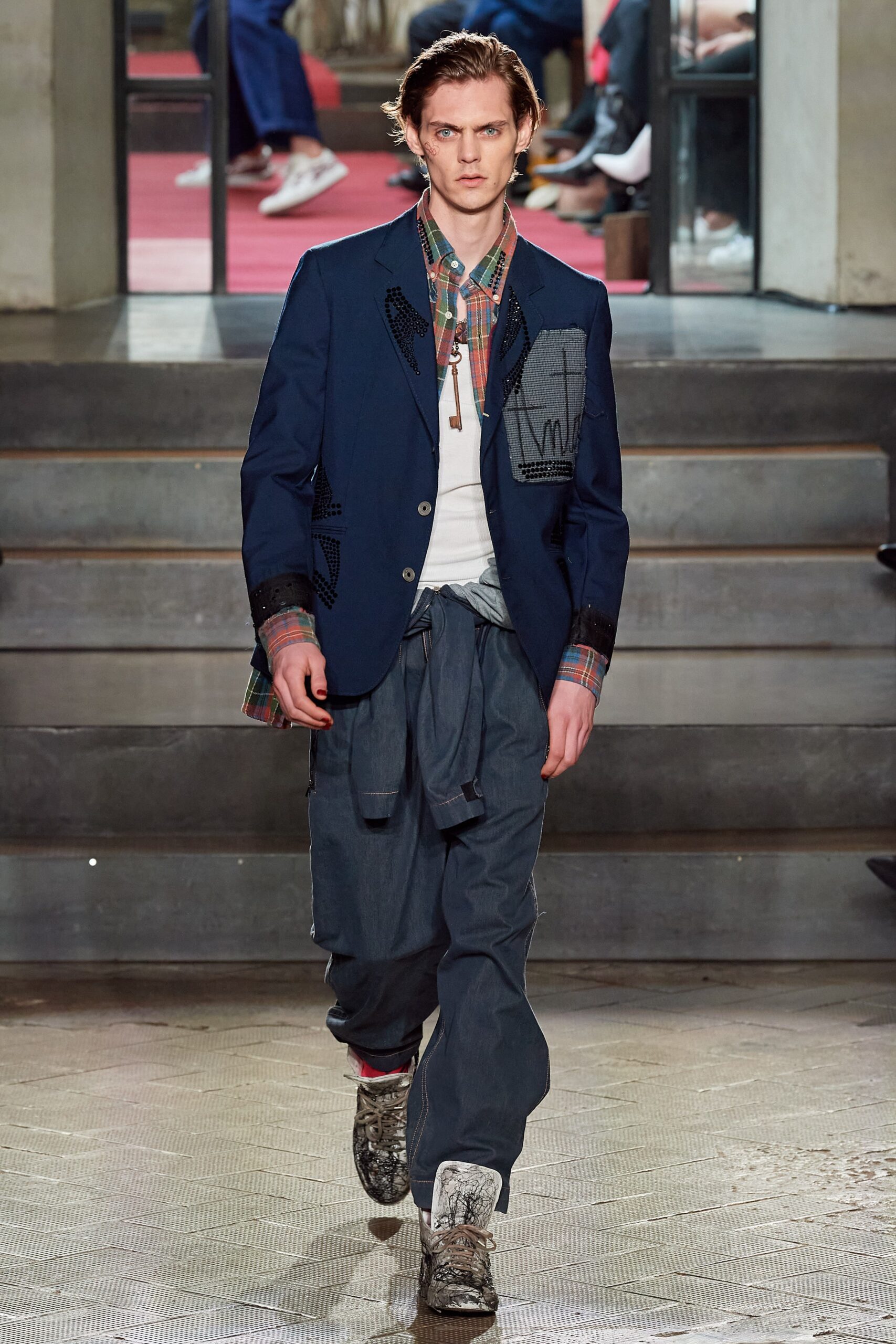blue tailored blazer with cargo pants