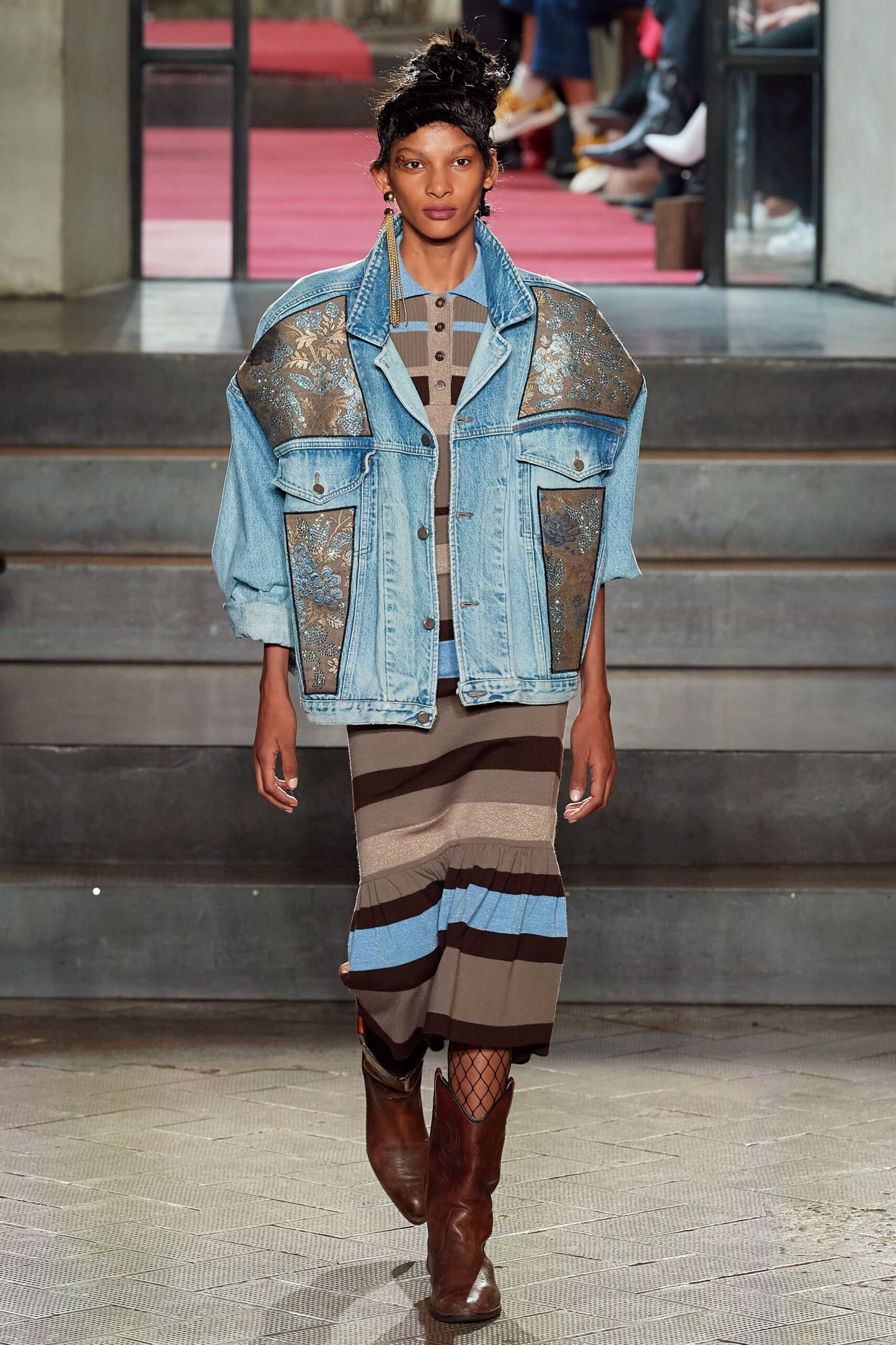 oversized denim jacket with tiered dress
