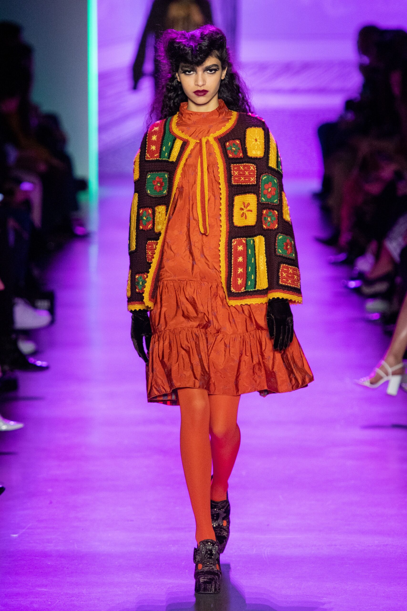 orange mini dress with multi jacket