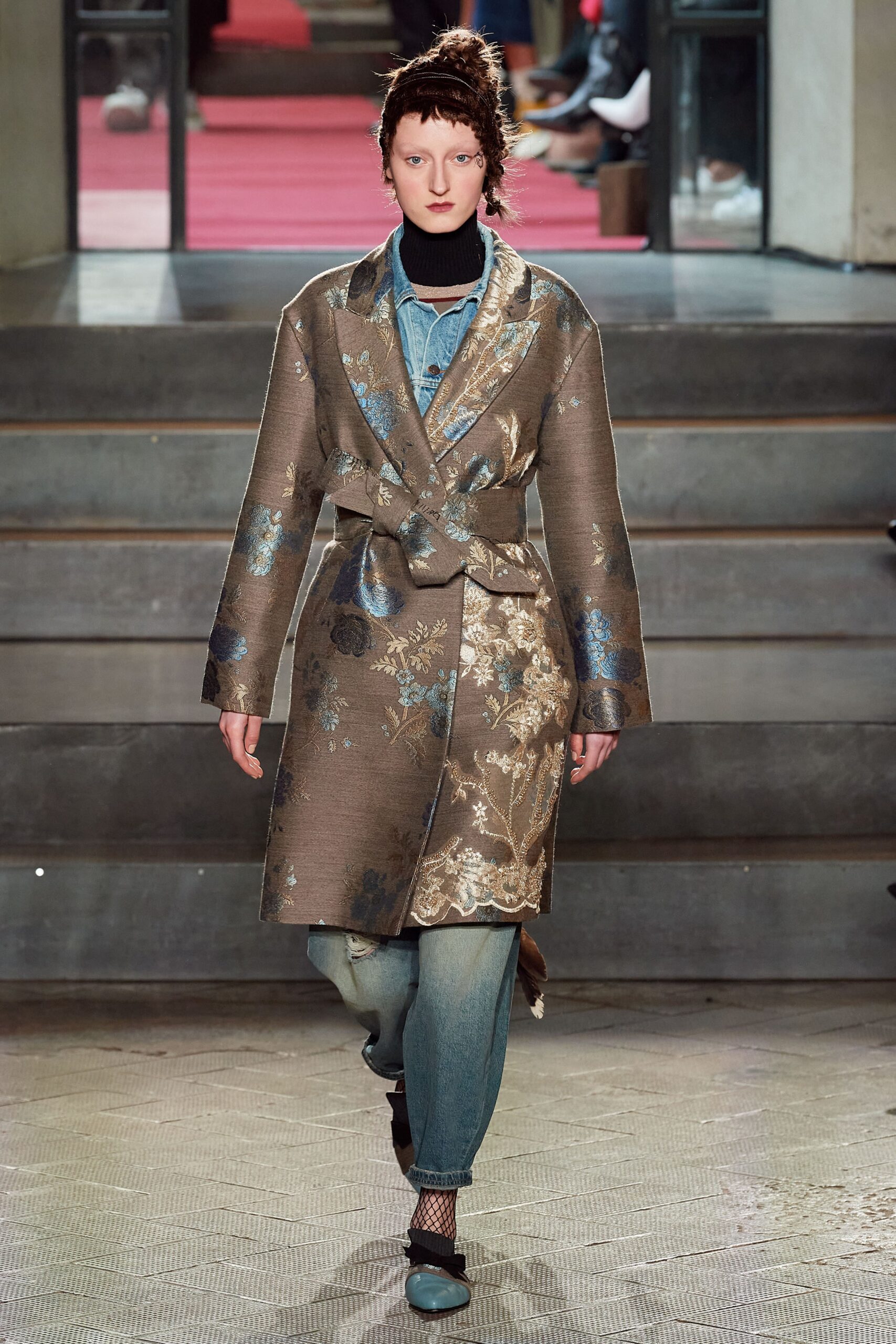 brown floral coat with jeans