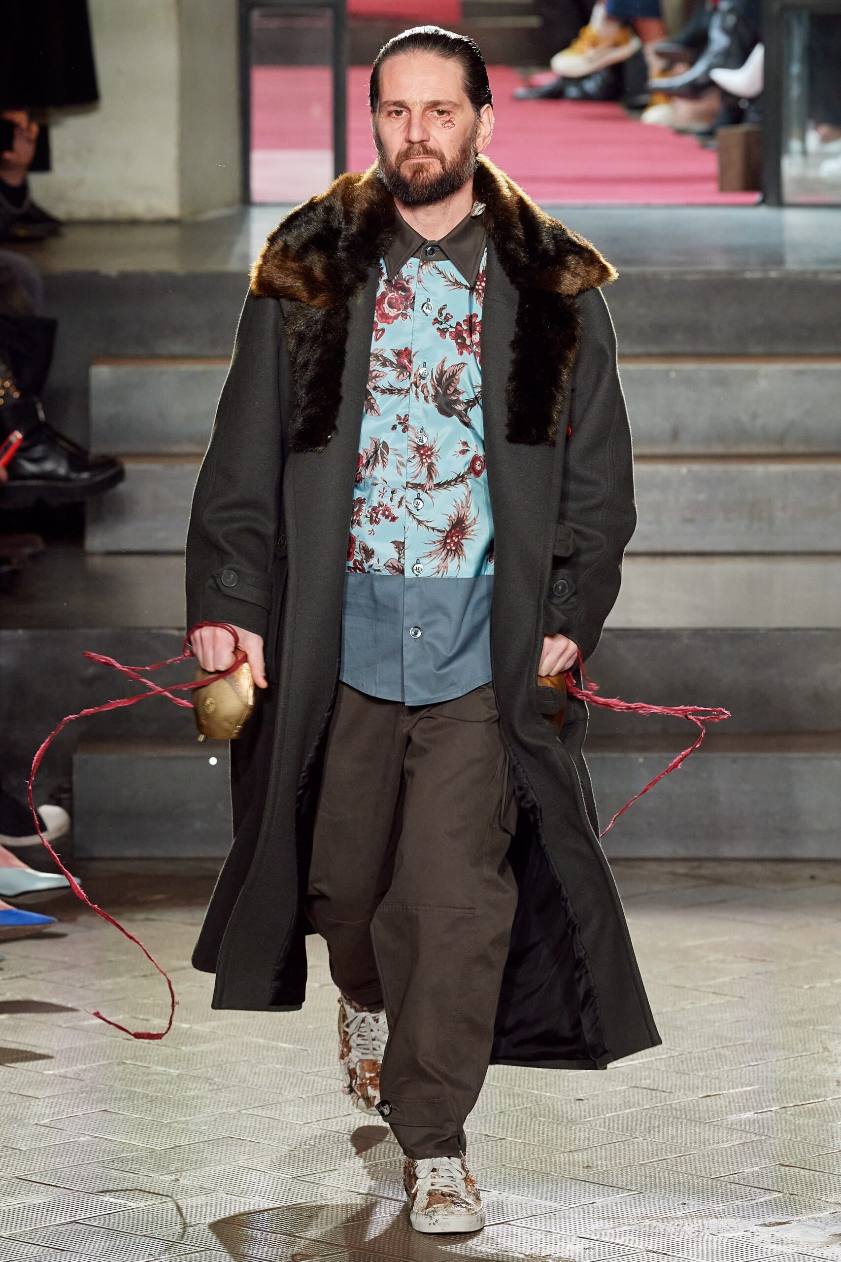 black wool coat with floral shirt