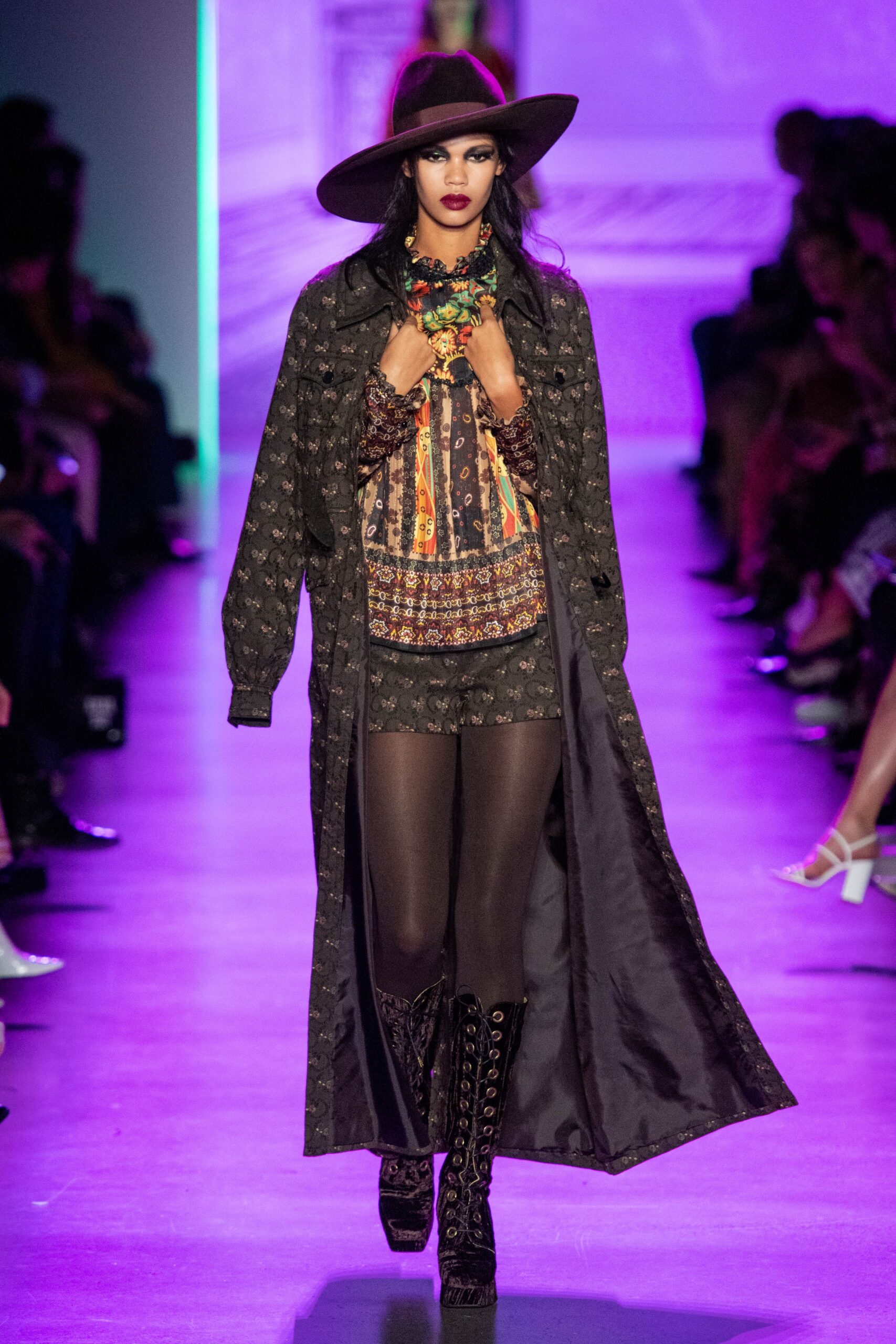 black embroidered coat with multi-colored top