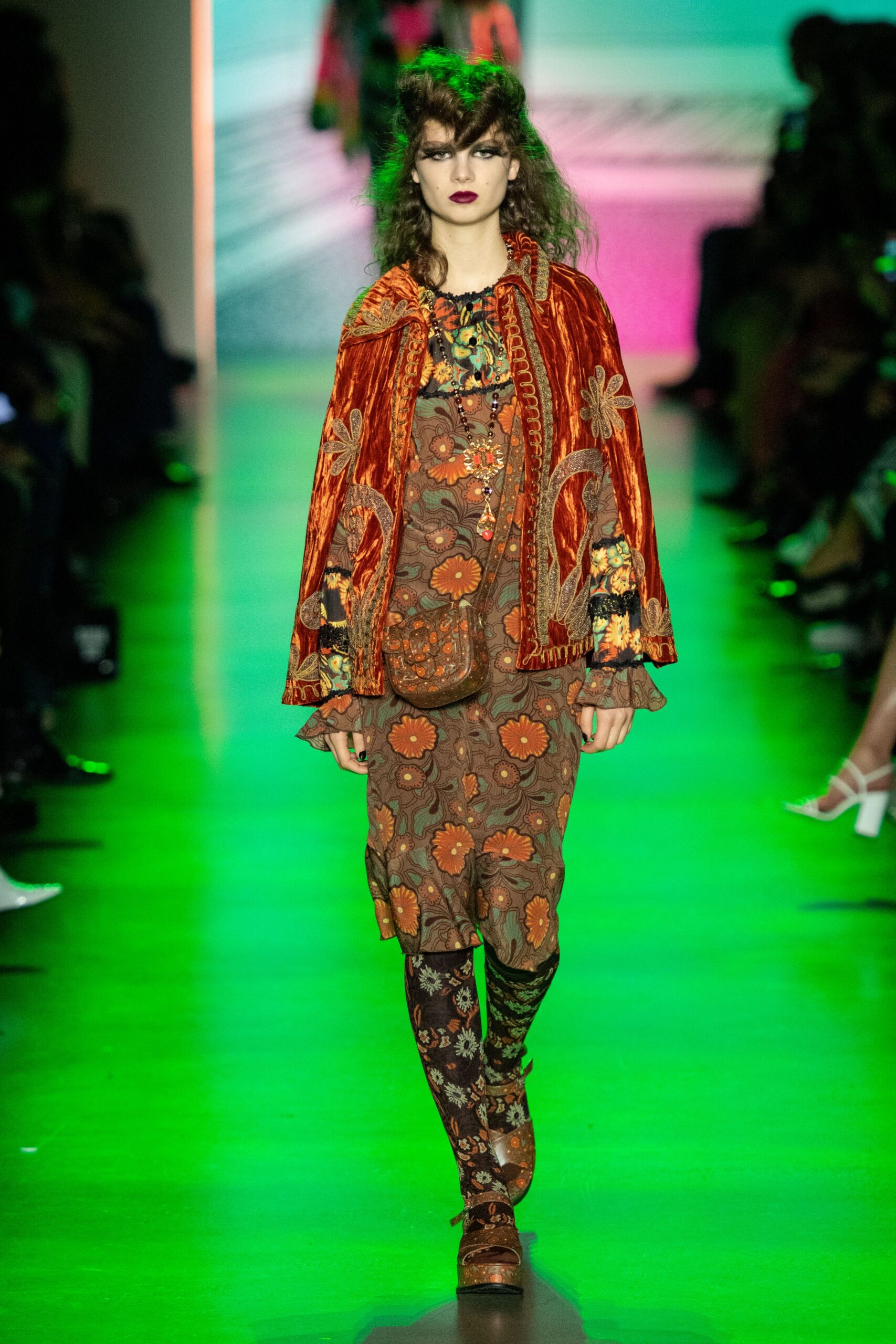 brown cotton long-sleeve v-neck fitted floral embroidered dress