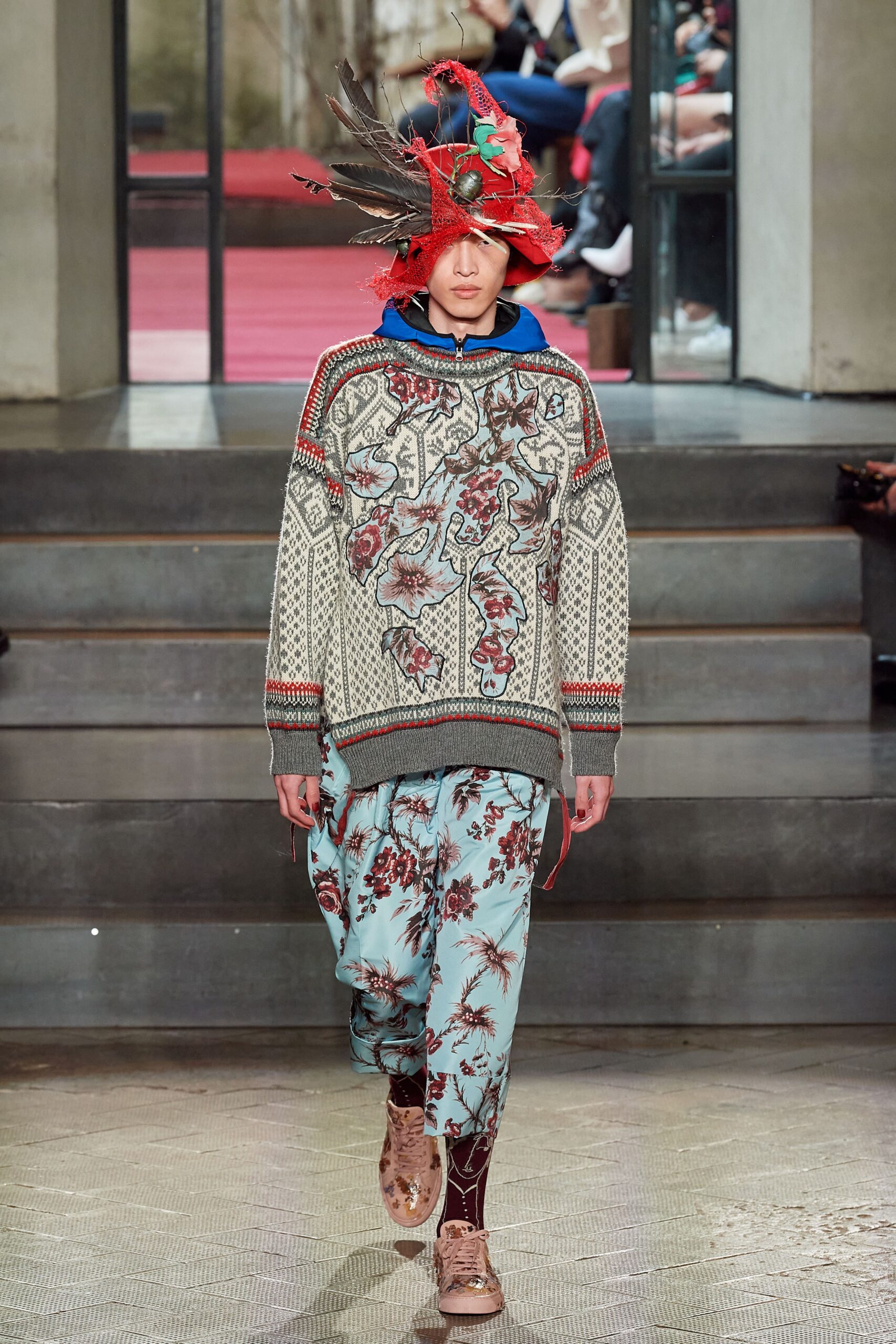 embroidered wool sweater with flared pants