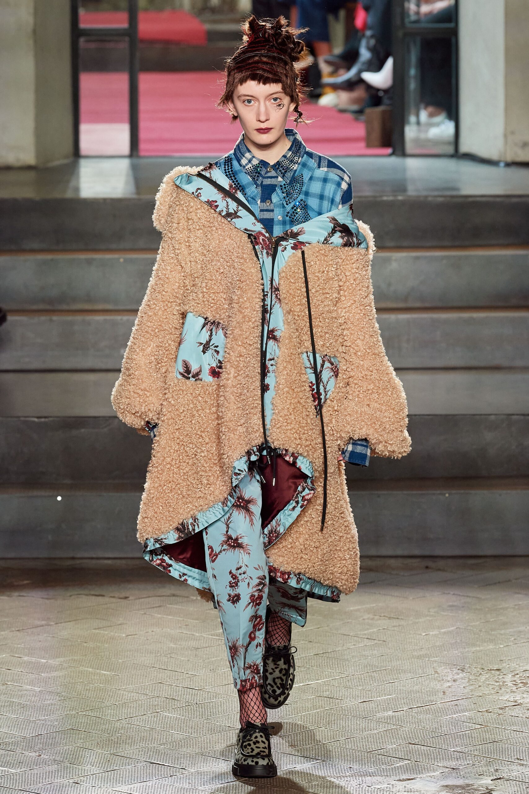 oversized faux-fur coat with flared pants