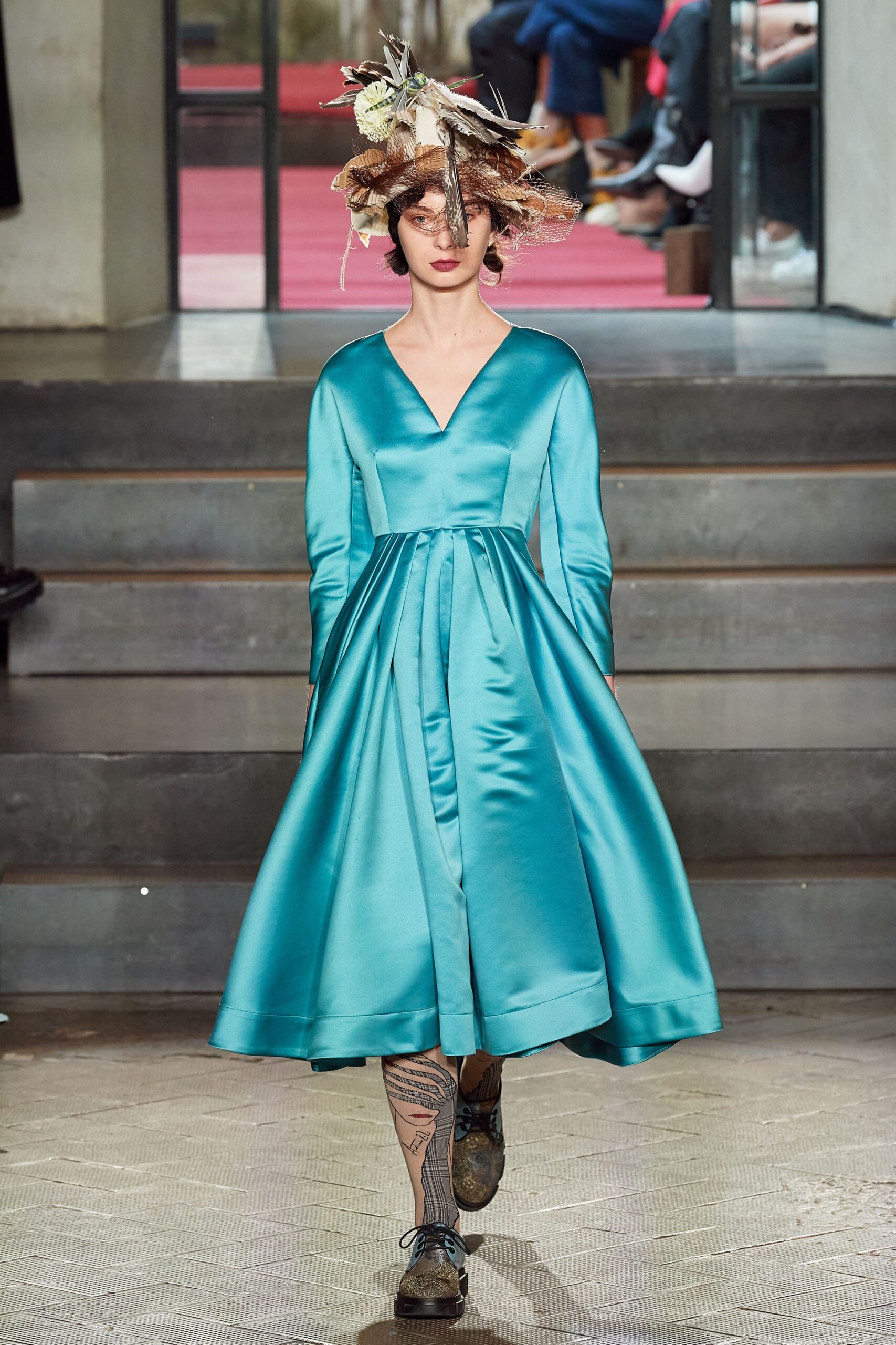 blue silk long-sleeve dress