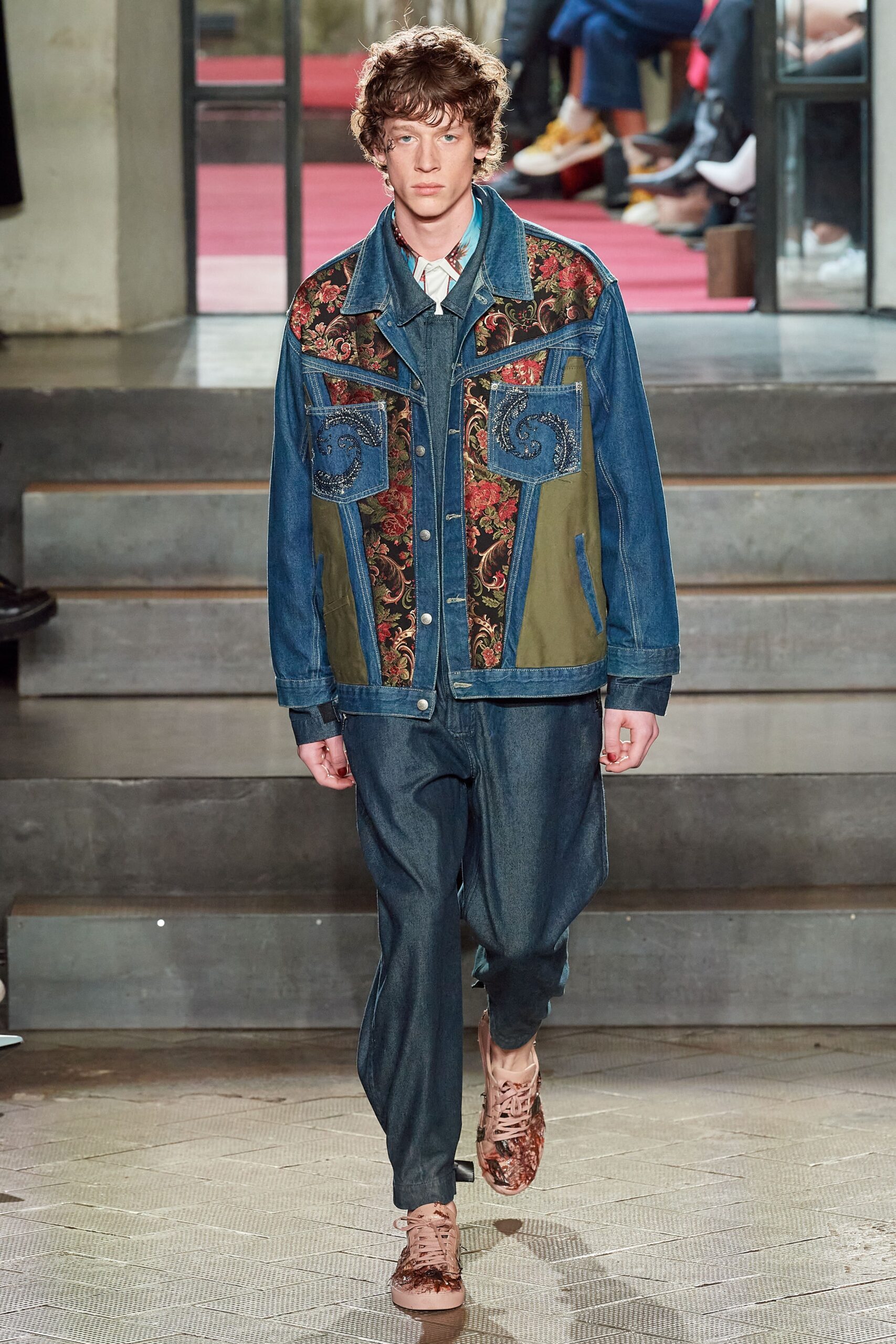 embroidered denim jacket with relaxed pants